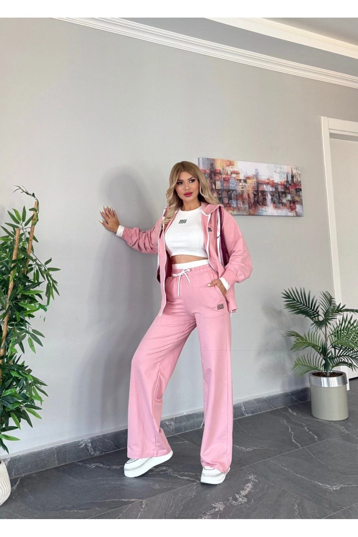 Kadın Kaliteli Lüks Giyim Kapüşonlu Fularlı 3 Lü Takım