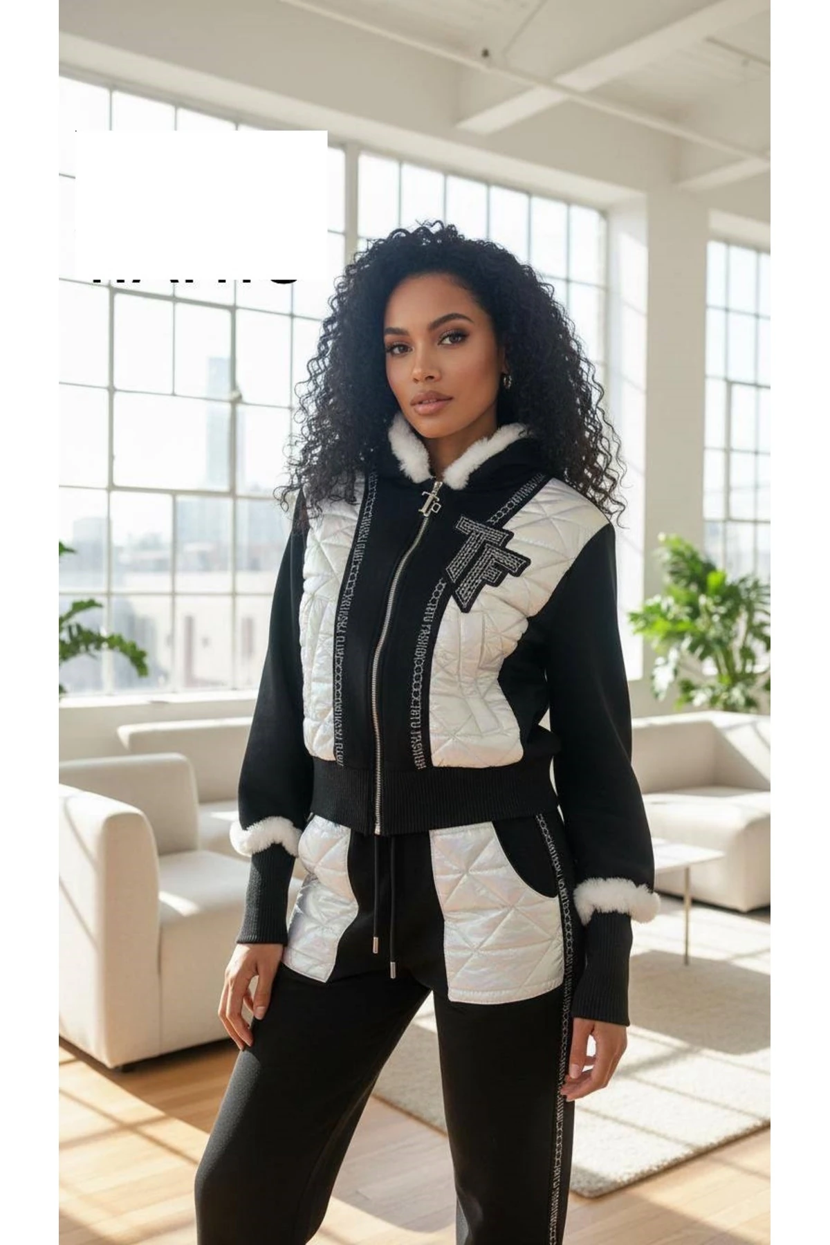 Kadın Kaliteli Kapitone Kumaş Detaylı Kollarında Peluş Ve Taş Detaylı 2 Li Takım