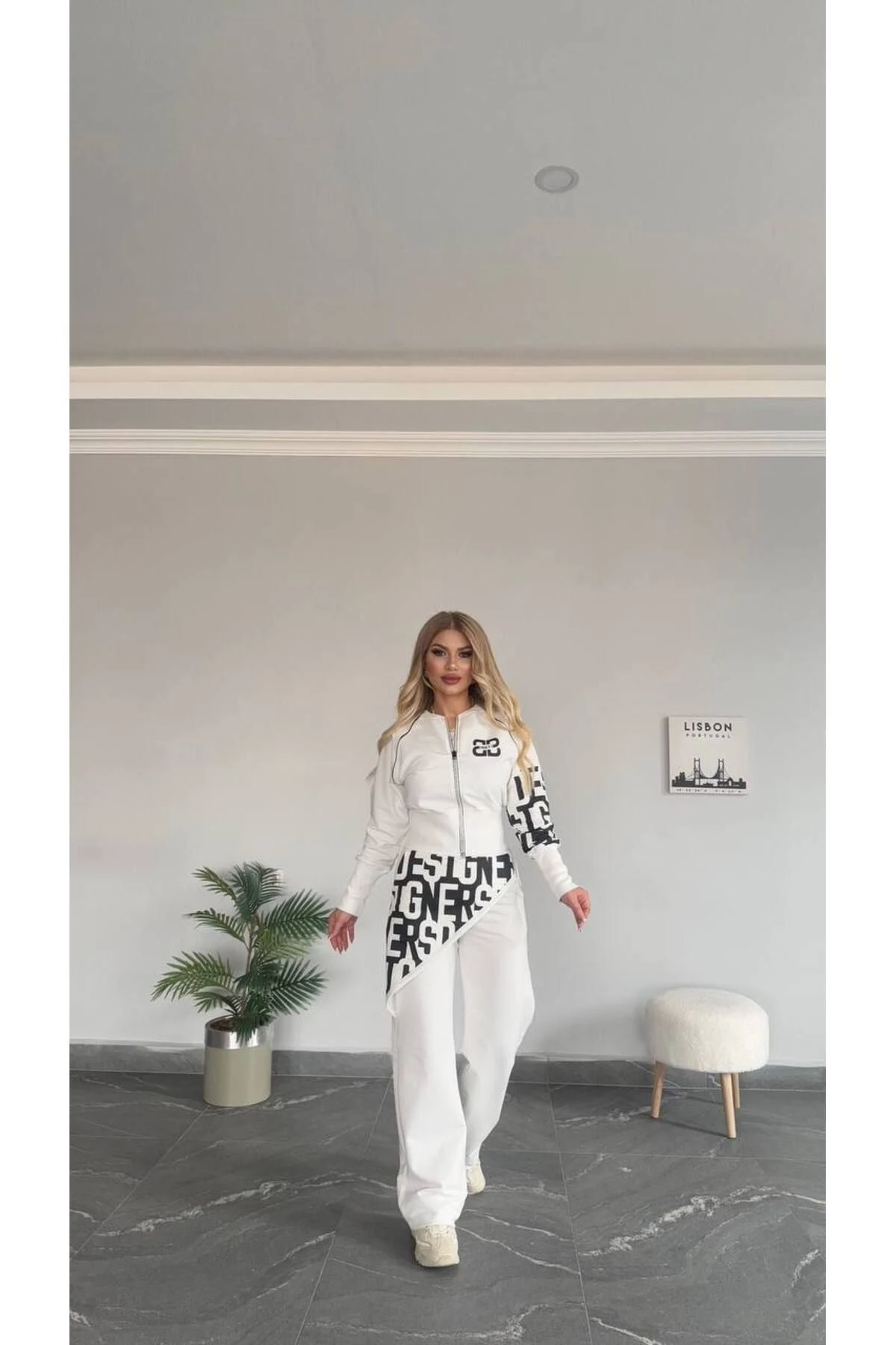 Kadın Yeni Sezon Yüksek bel Yazı Detaylı Fermuarlı Alt Üst Takım