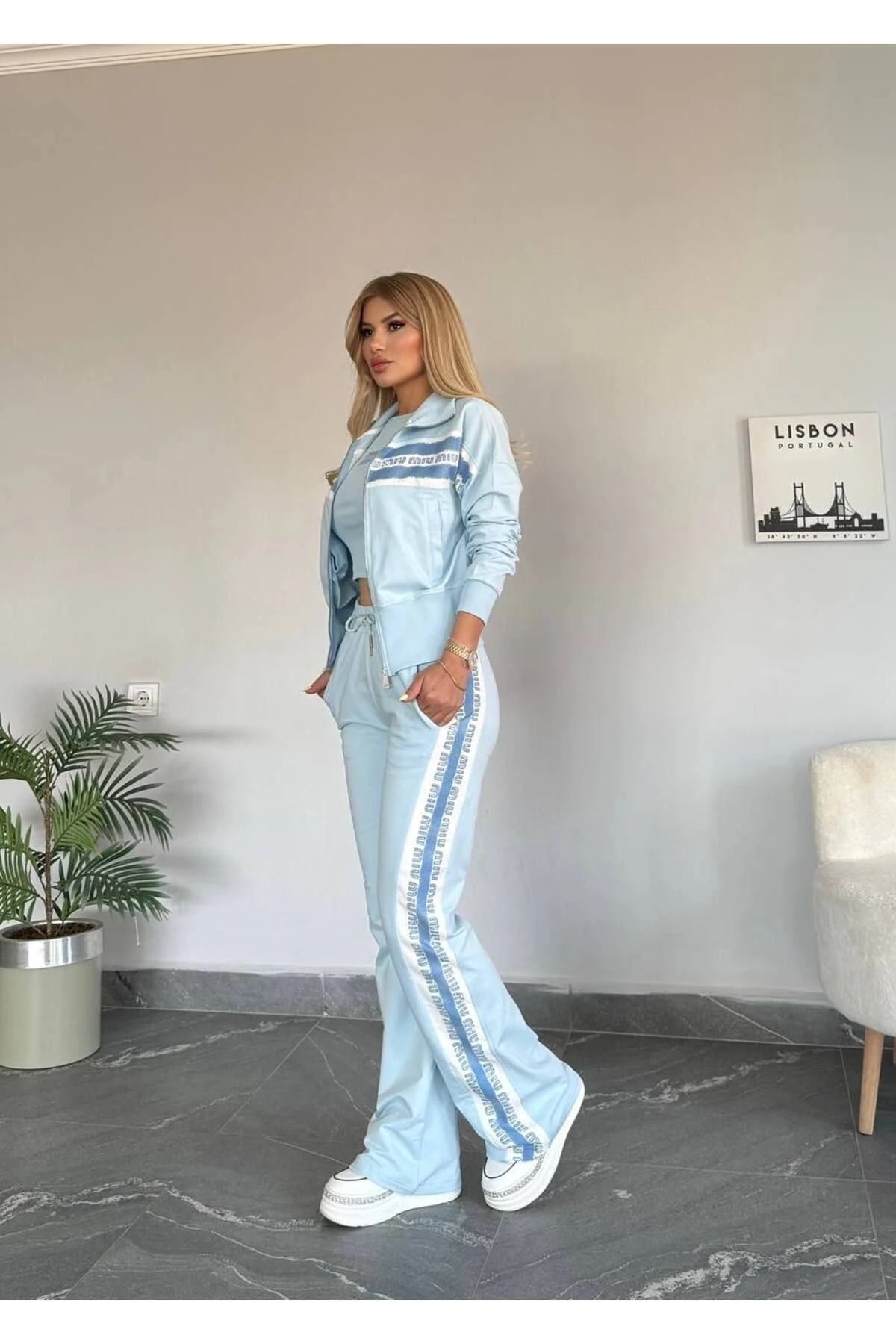 Kadın Kaliteli Lüks Giyim Dik Yaka Fermuarlı Alt Rahat Kesim Bel Lastikli 2 İplik 3 Lü Takım