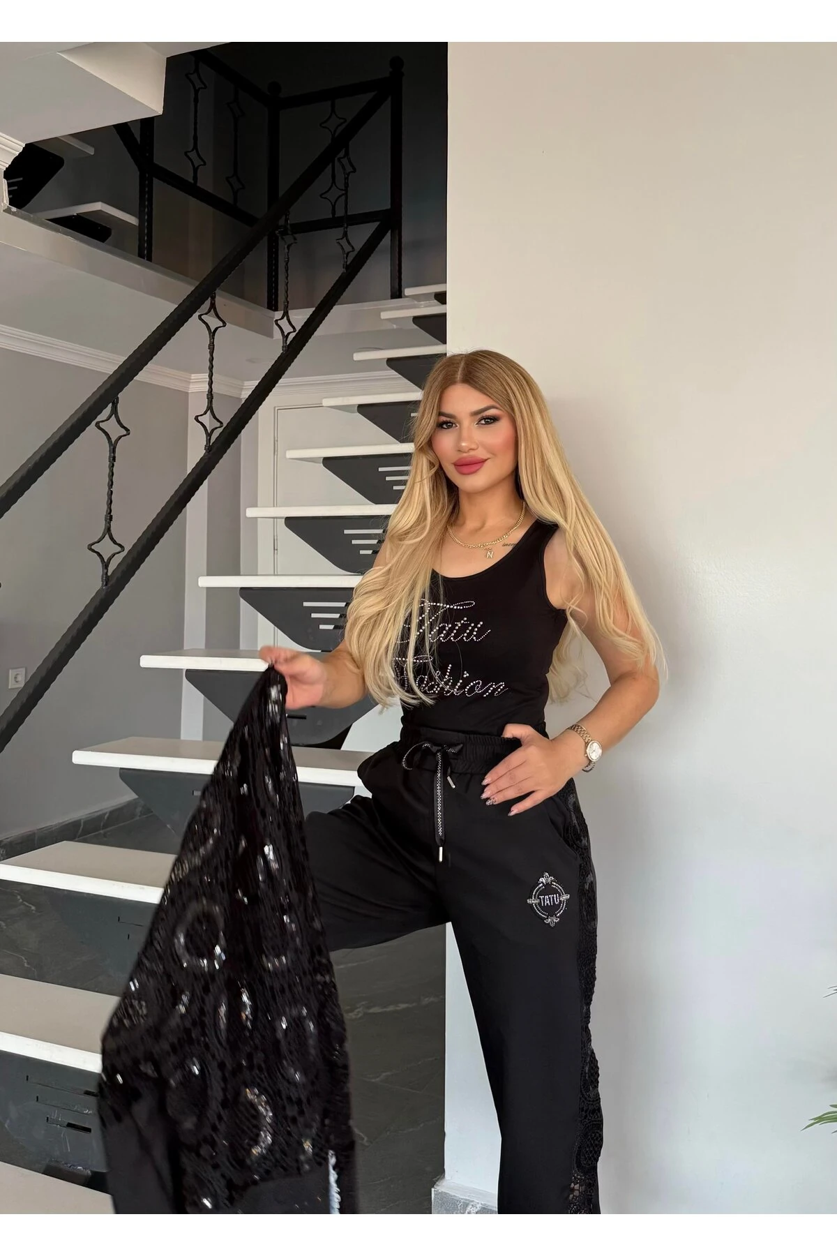 Kadın Kaliteli Kot Ceket Ve Taş Detaylı Pamuklu Atlet Alt Krep Kumaş 3 Lü Takım