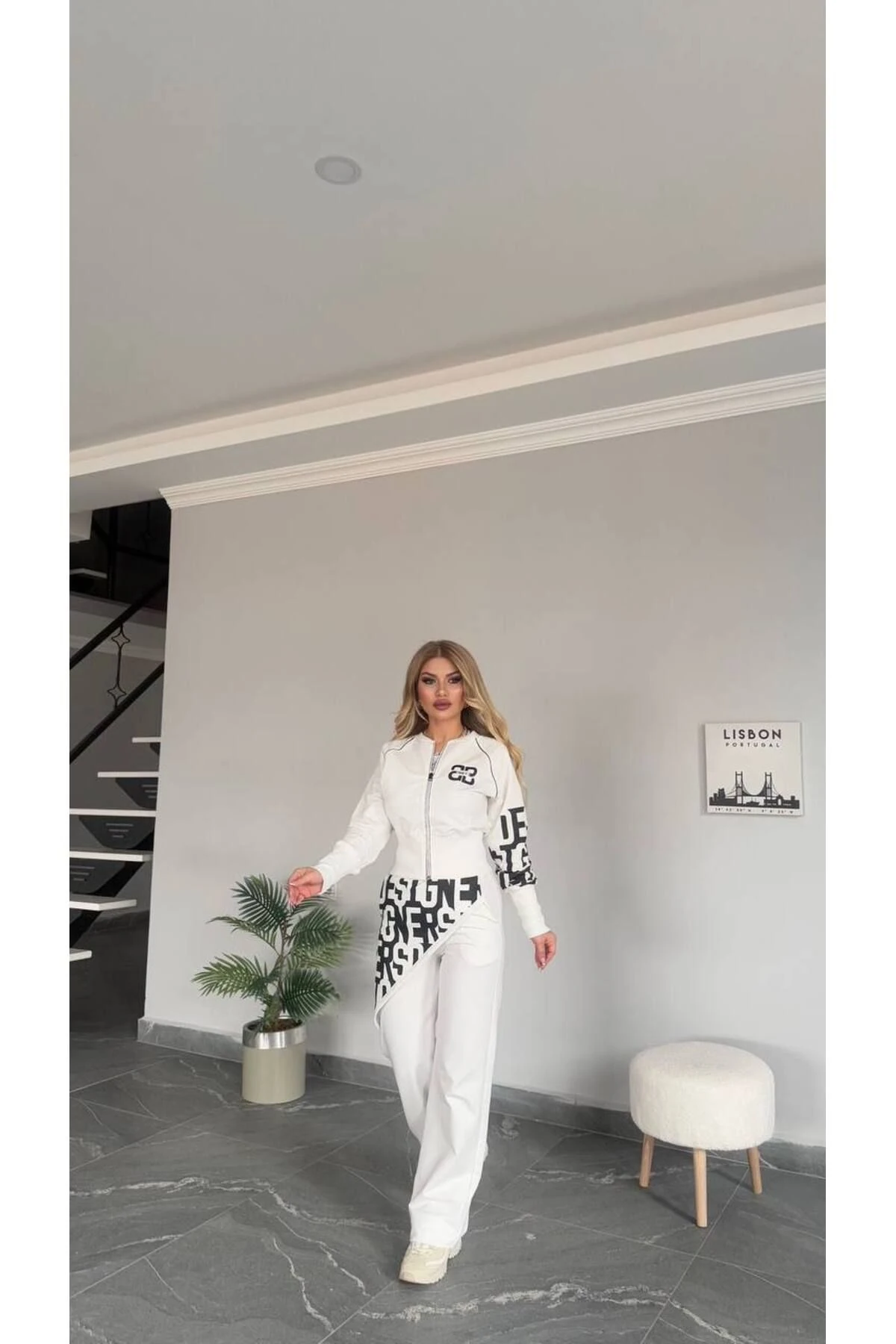 Kadın Yeni Sezon Yüksek bel Yazı Detaylı Fermuarlı Alt Üst Takım