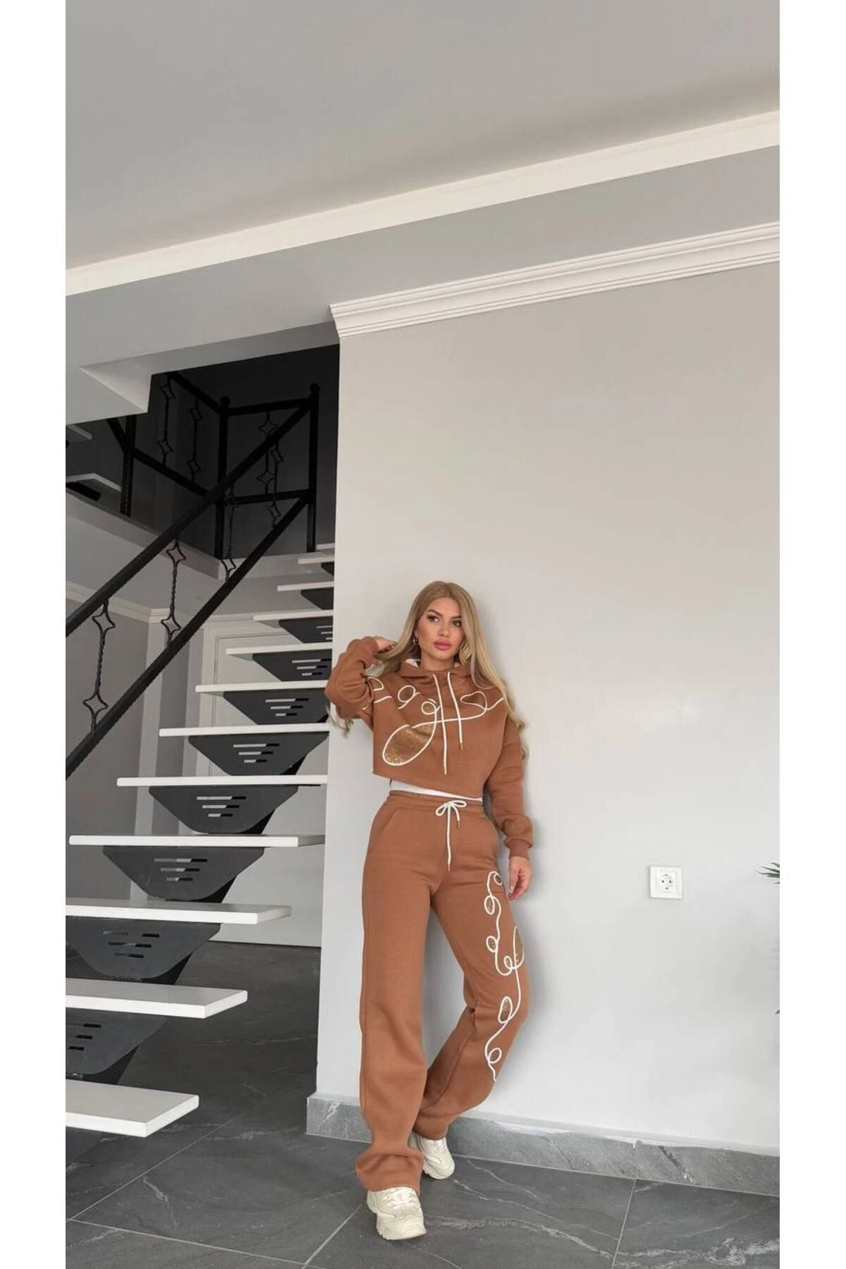 Kadın Bel Detaylı Kapüşonlu 3 İplk Kapüşonlu Alt Üst Takım