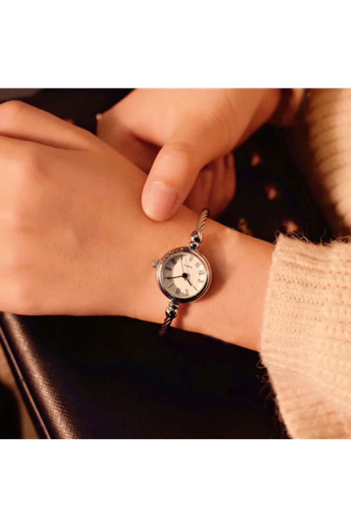 Metal-beyaz Ince Bileklik Yuvarlak Vintage&retro Saat