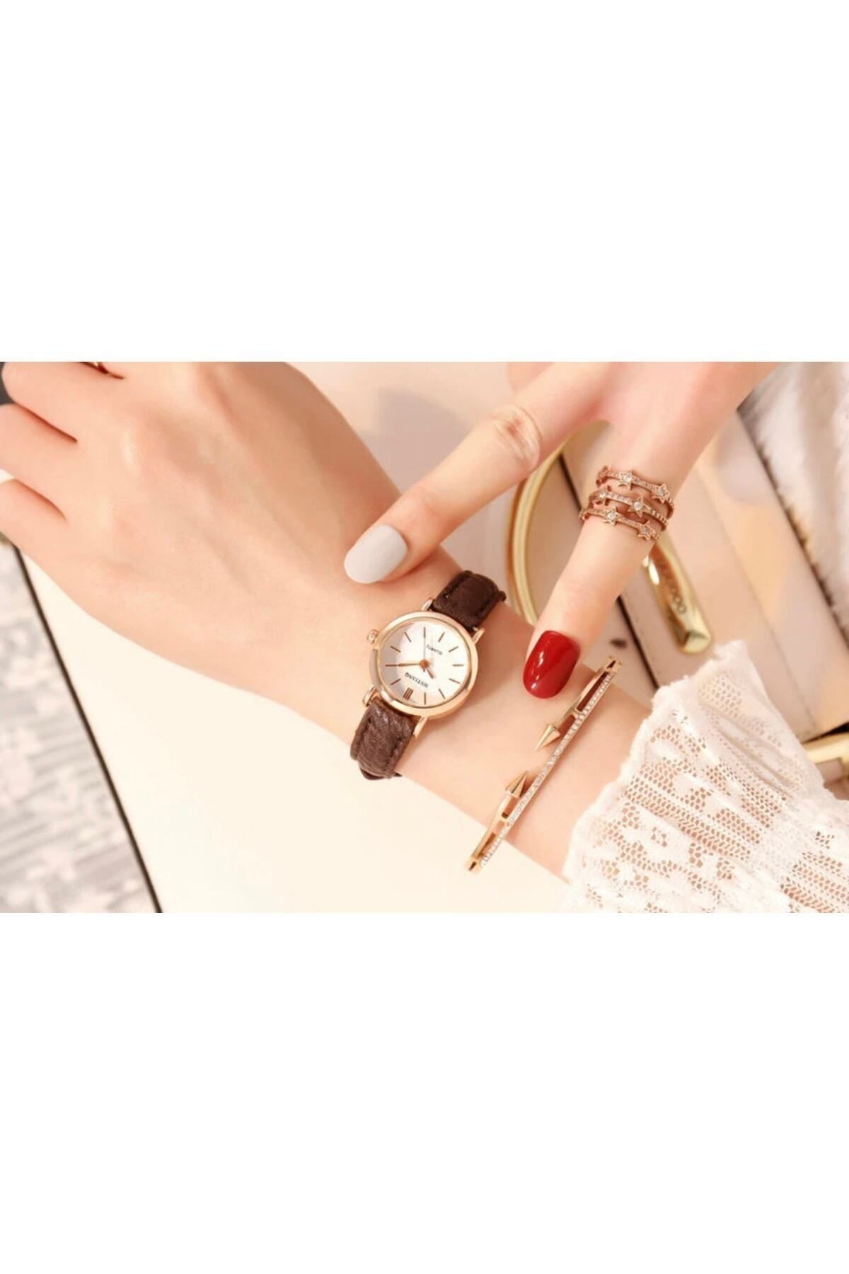 Aura Kahverengi - Beyaz Yuvarlak Vintage&retro Saat