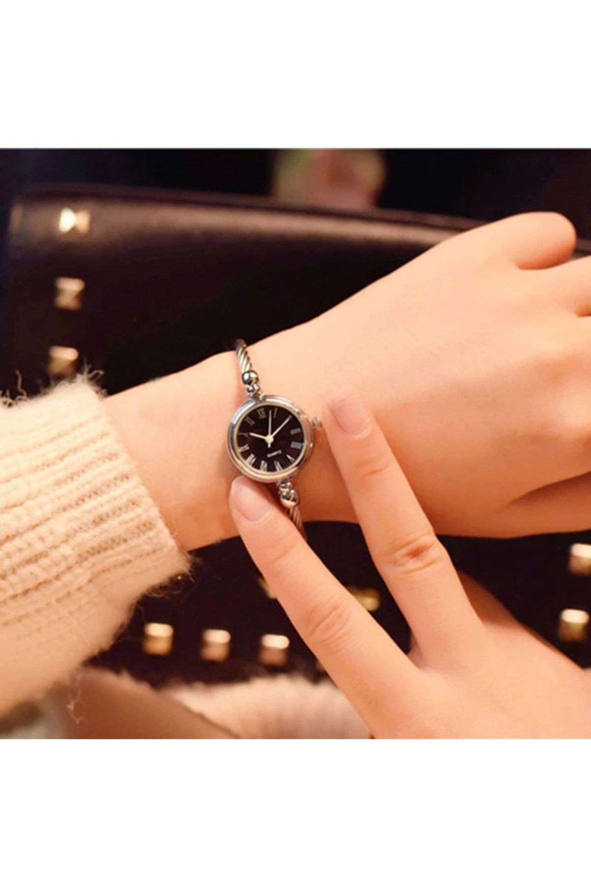 Metal-beyaz Ince Bileklik Yuvarlak Vintage&retro Saat