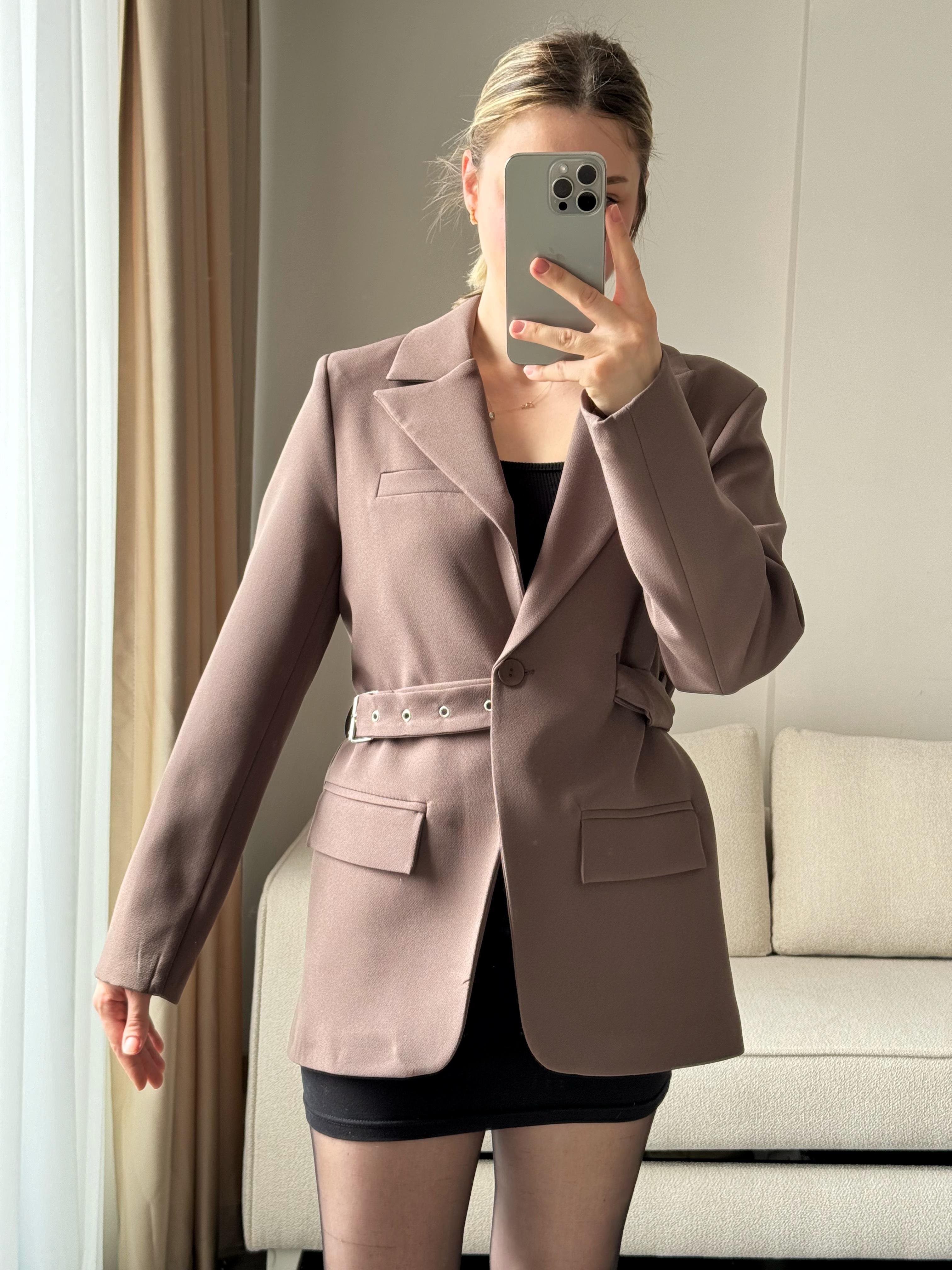 Tasarım Kemerli Premium Blazer Ceket - Kahve