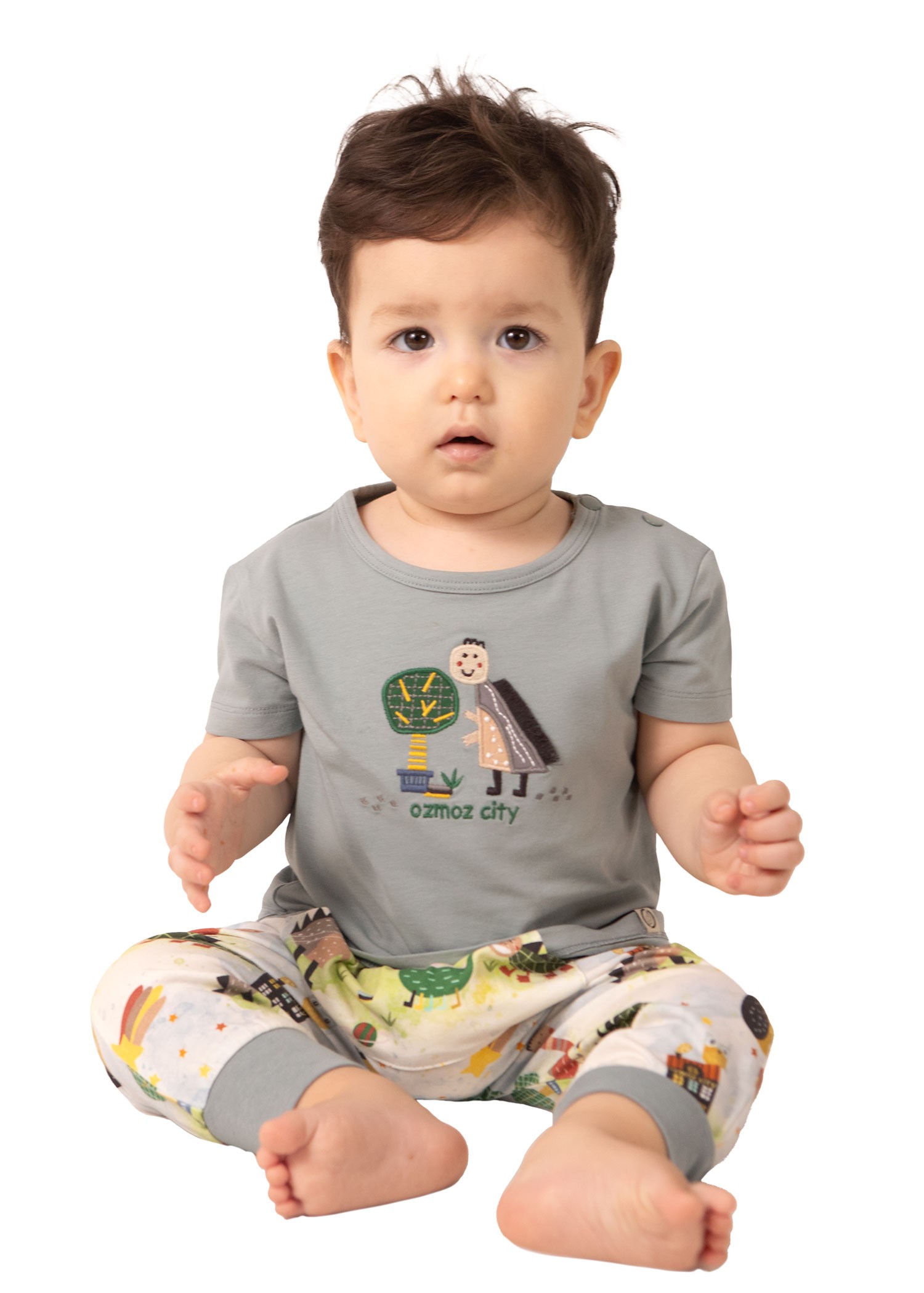 Organic Dino Embroidered Blue Summer Baby Boy Tshirt