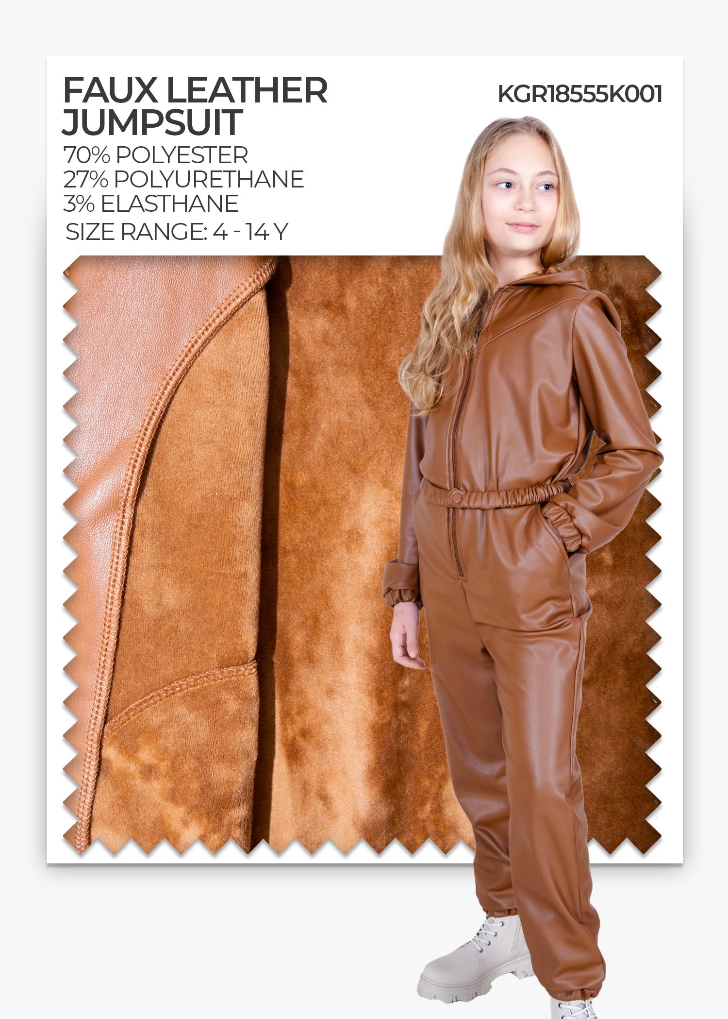 Velvet Covered Faux Leather Hooded Winter Girls' Jumpsuit