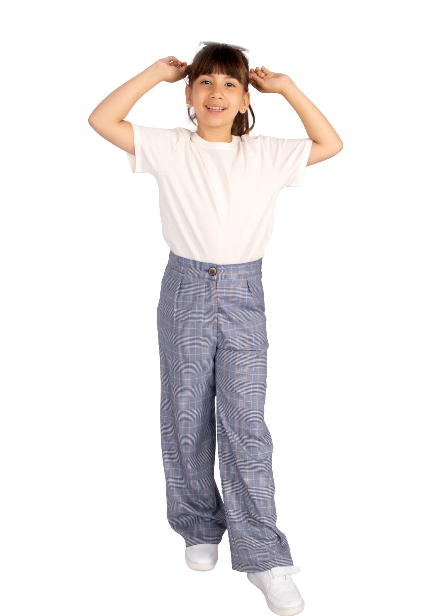 Woven Plaid Blue Spring Girl's Trousers