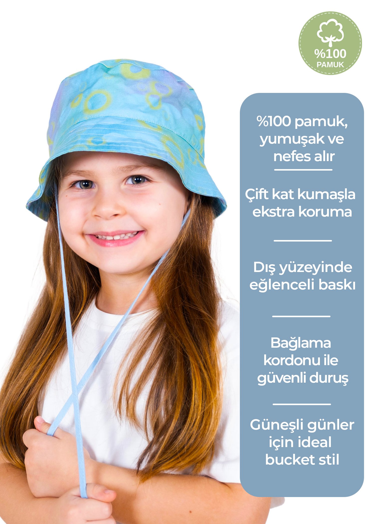 %100 Pamuk Renkli Mavi Yazlık Unisex Çocuk Bucket Şapka