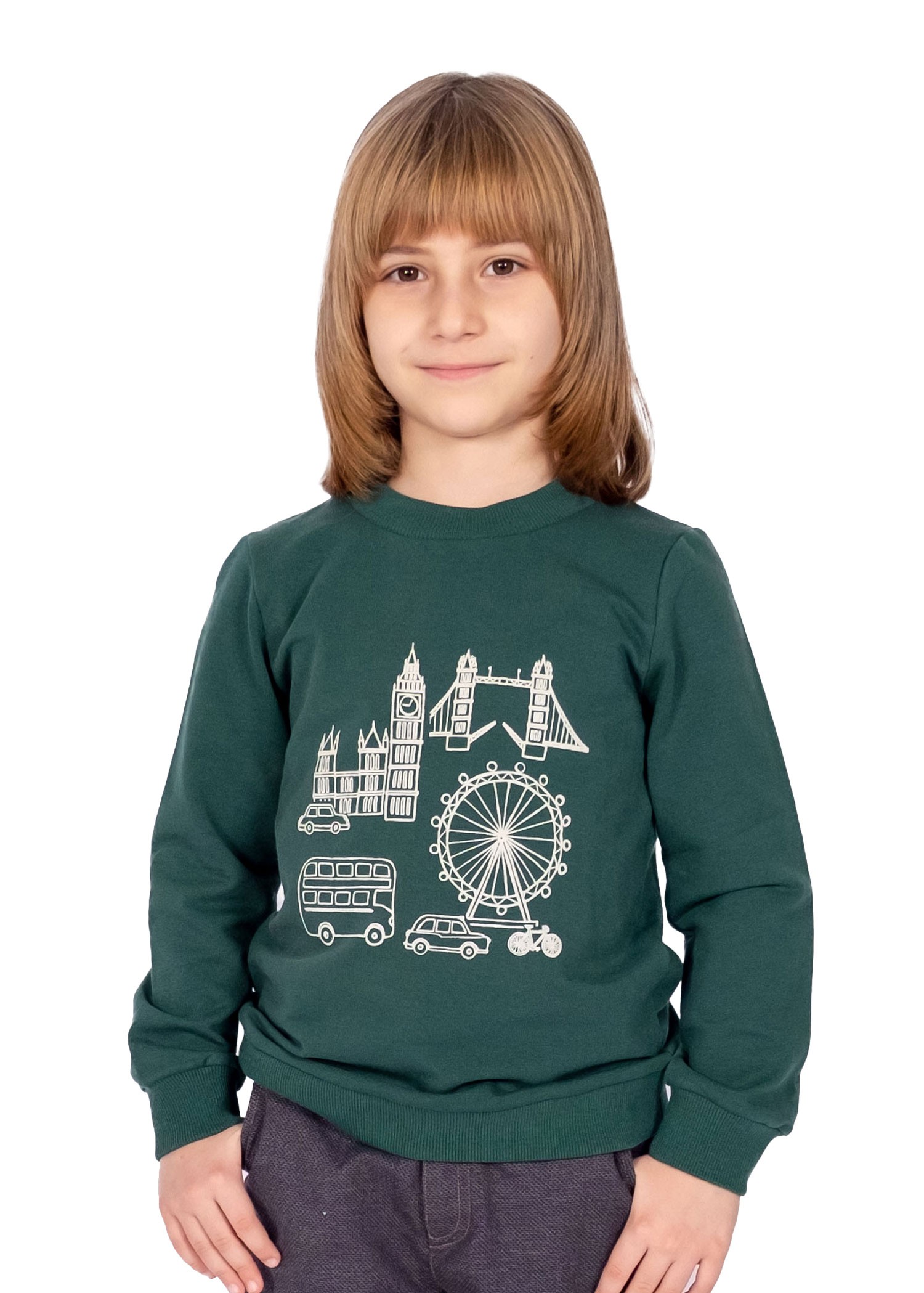 Organic Cotton London Printed Winter Boy Sweatshirt Green