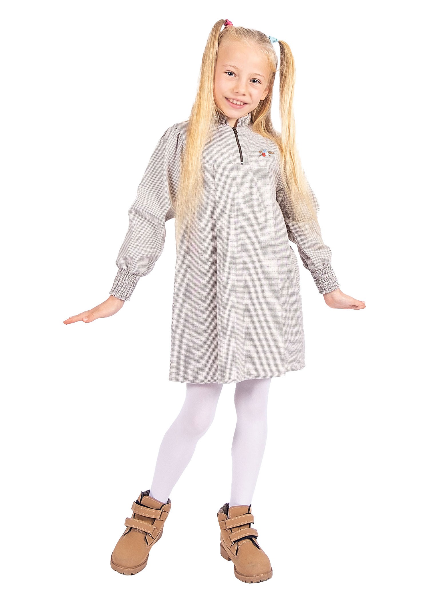 Cotton Gingham Embroidered Gimped Light Brown Winter Girl's Dress