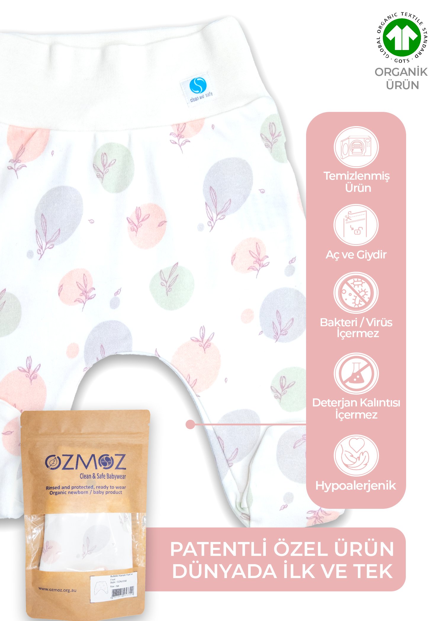 Clean&Safe Organik Steril Temizlenmiş Unisex Bebek Patikli Alt