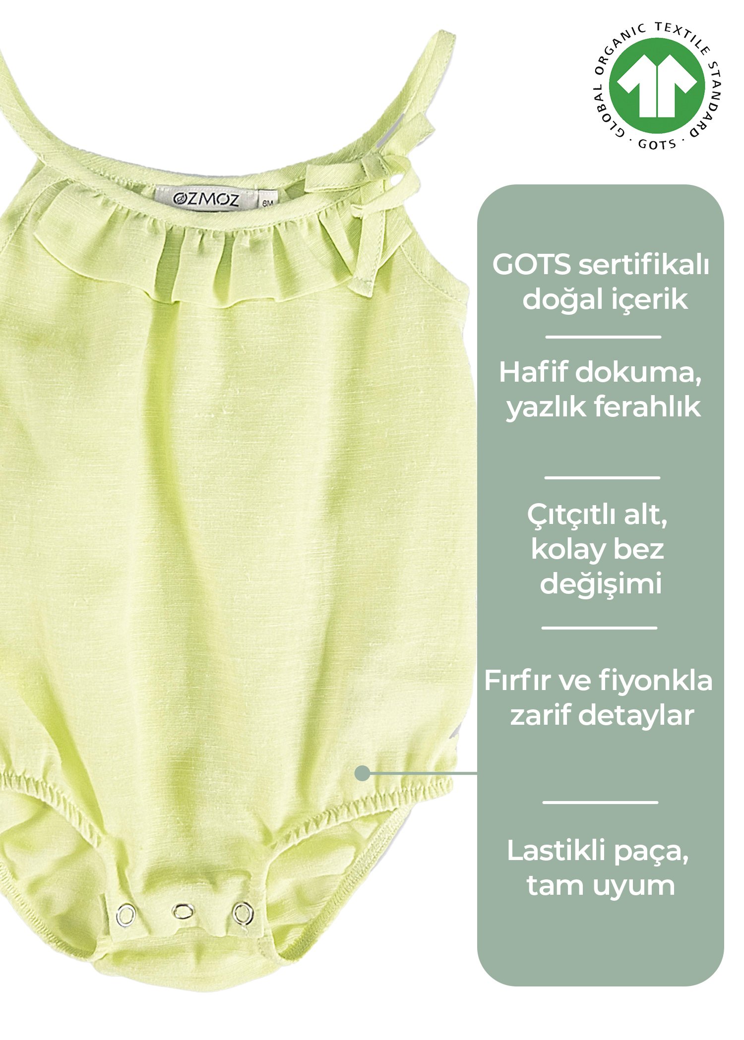 Organik Askılı Yeşil Yazlık Kız Bebek Askılı Tulum