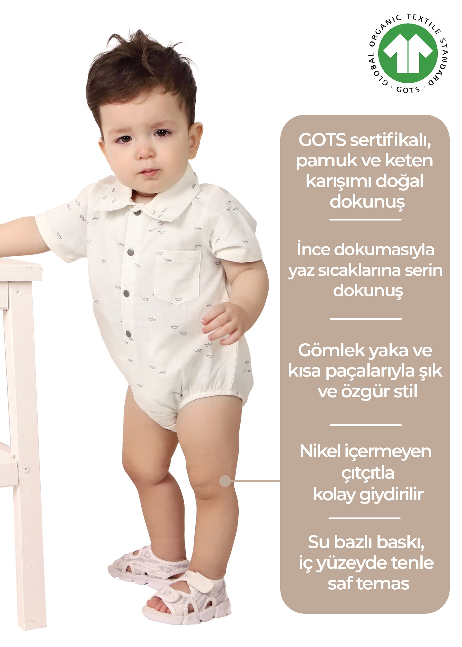 Organik Pamuk Keten Kısa Kollu Yazlık Erkek Bebek Tulum