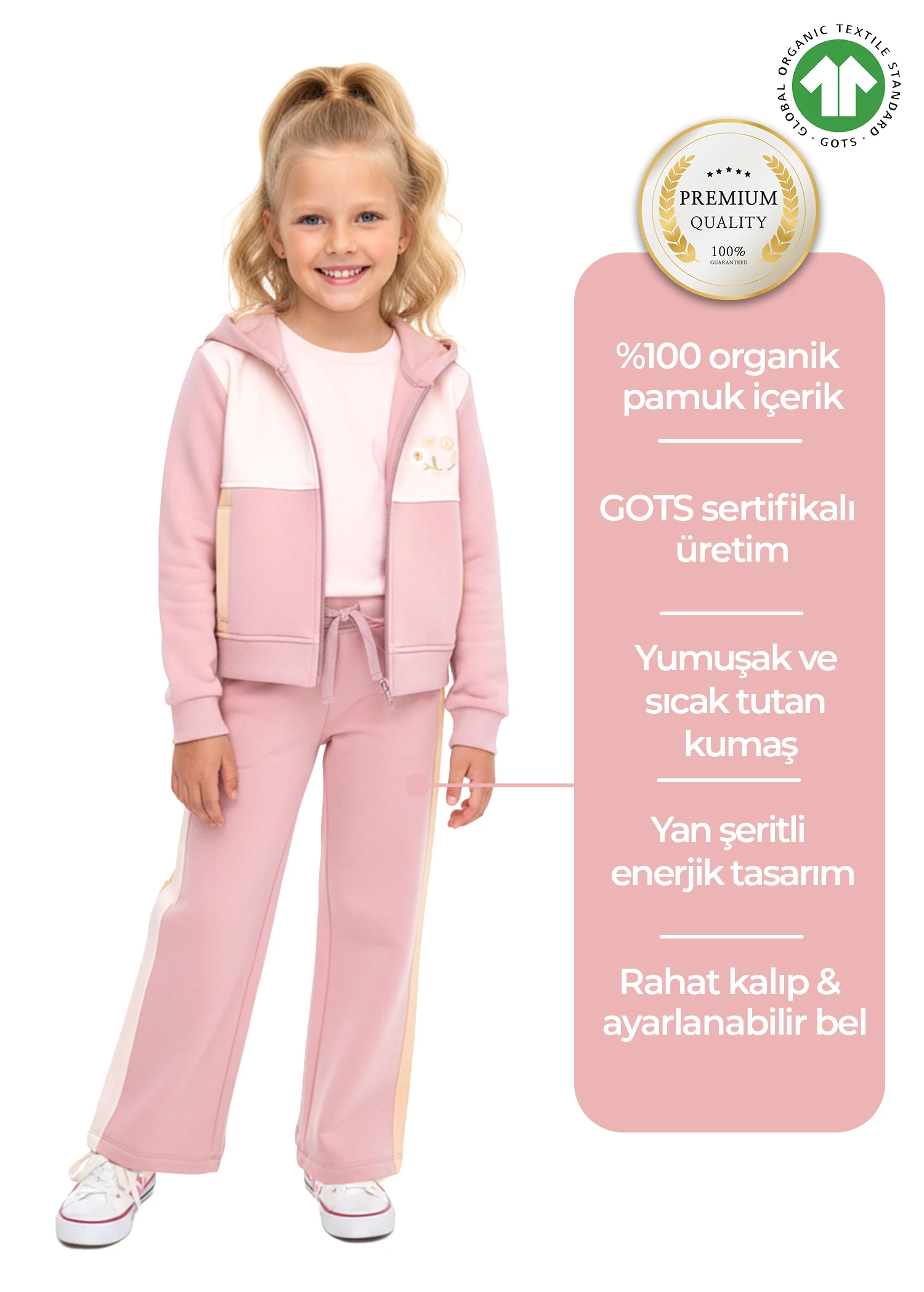 Organik Yanı Şeritli Pembe Kışlık Kız Çocuk Eşofman Altı
