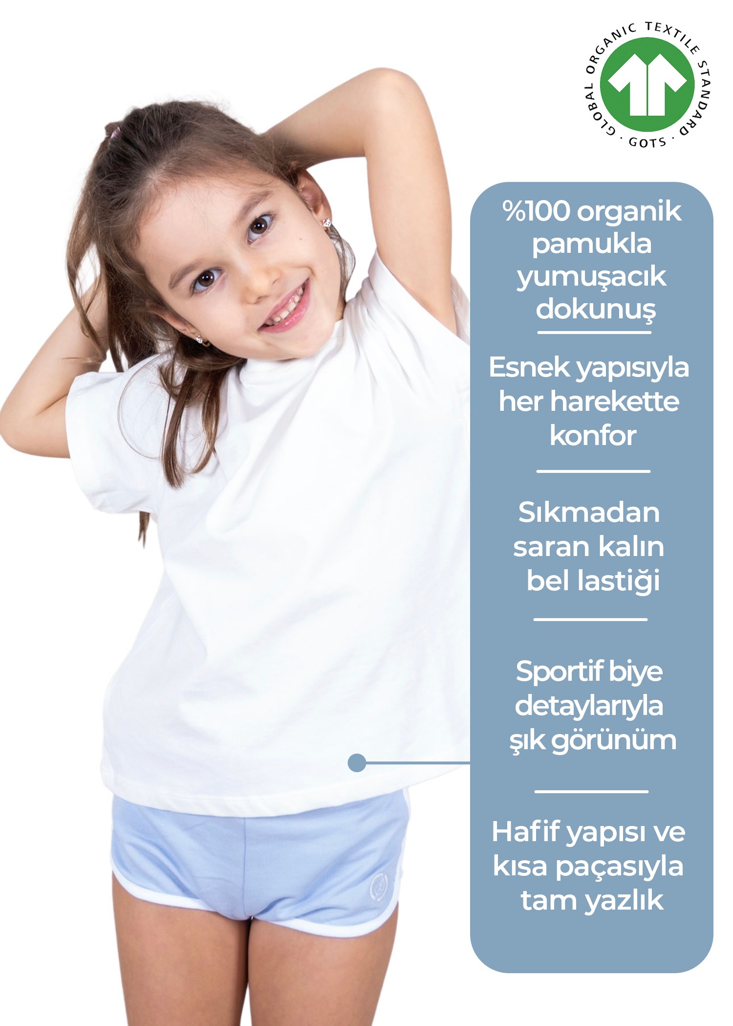 Organik Spor Kesim Mavi Yazlık Kız Çocuk Şort