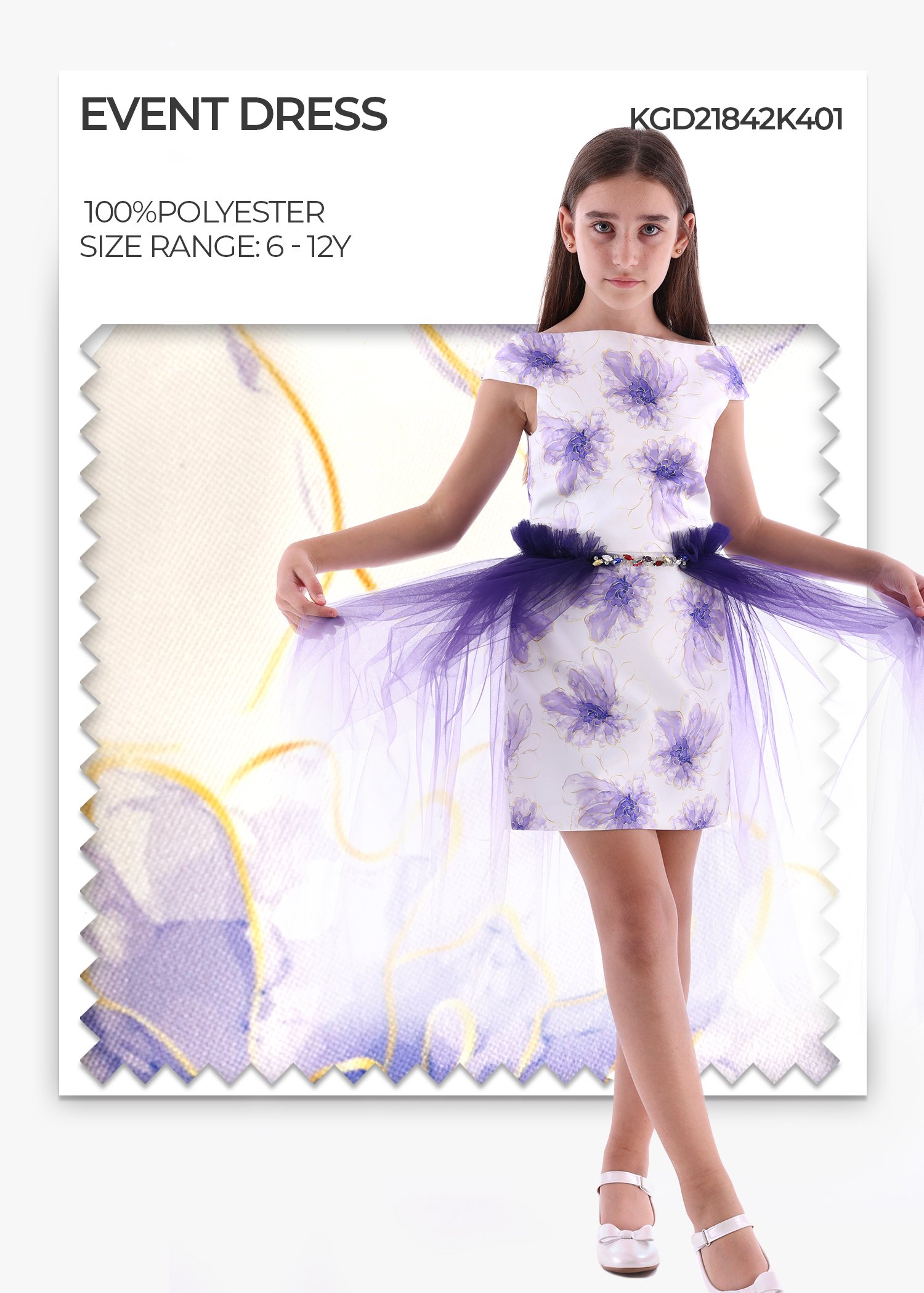 Floral Fake Tulle Skirt Purple Girls' Evening Dress