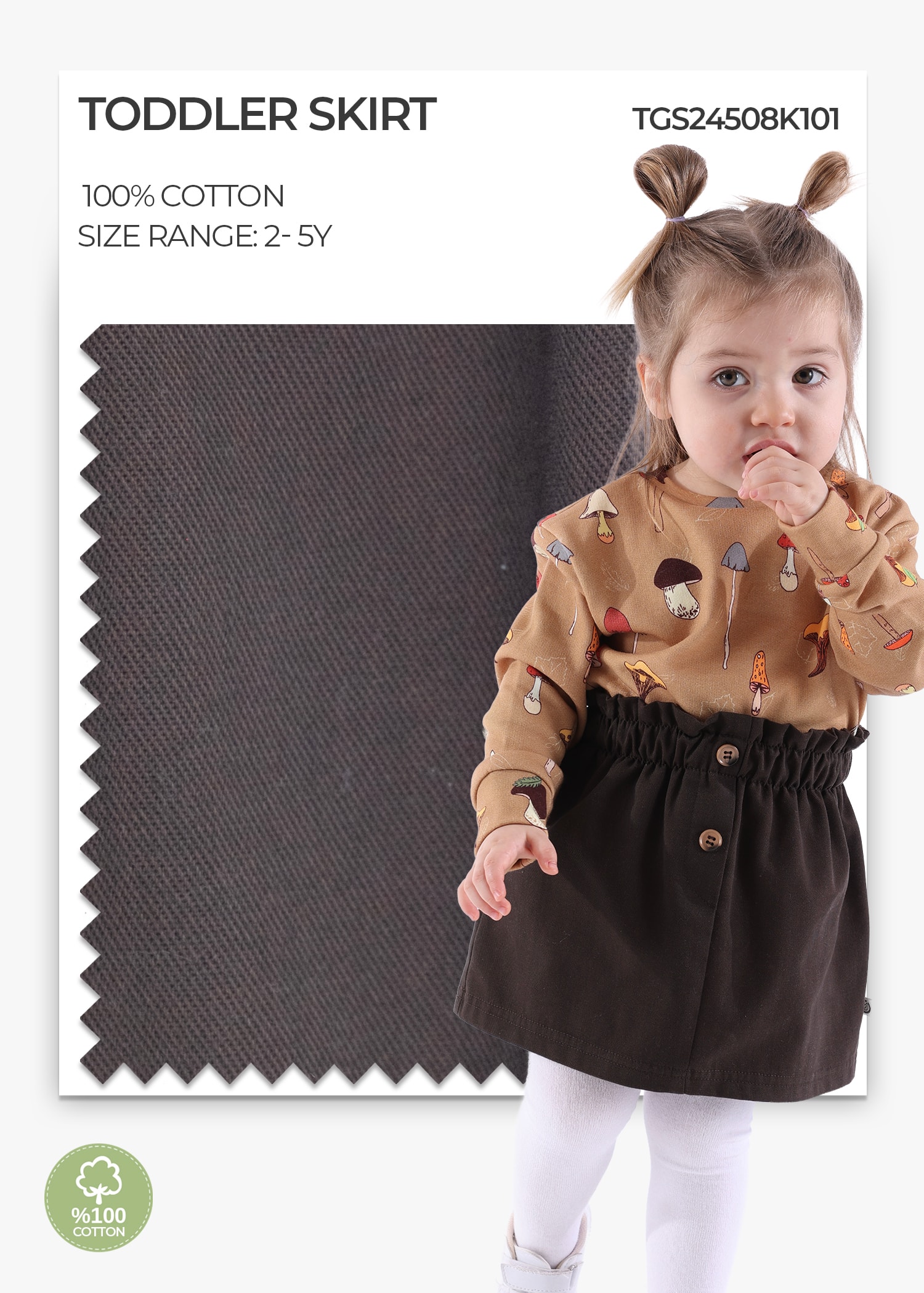 100% Cotton Gabardine Brown Winter Skirt for Toddler Girls