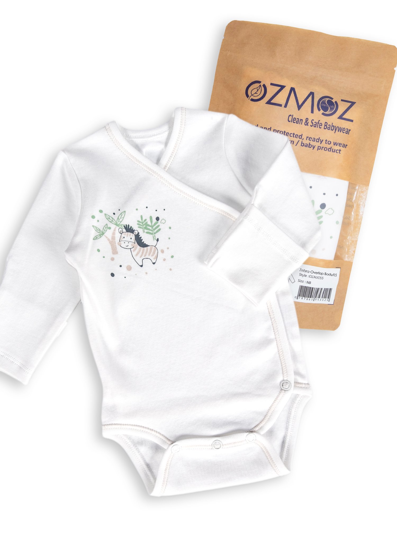 Clean and Safe Steril Giyilmeye Hazır Organik Unisex Bebek Kruvaze Body-Zebra