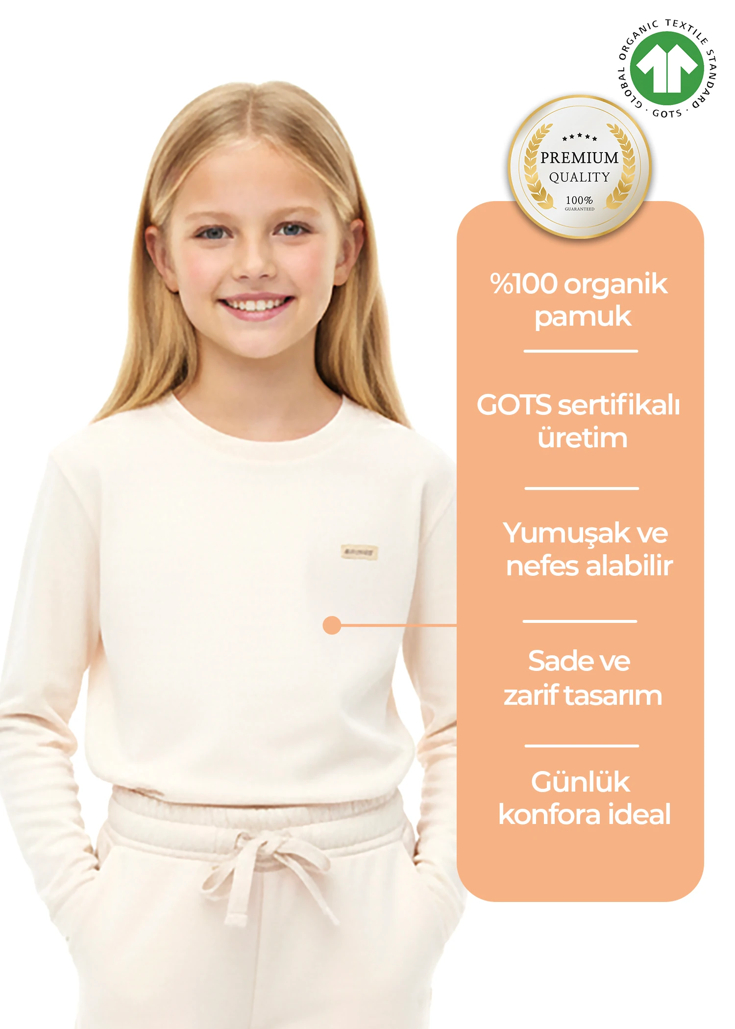 Organik Bej Kışlık Kız Çocuk İnce Sweat