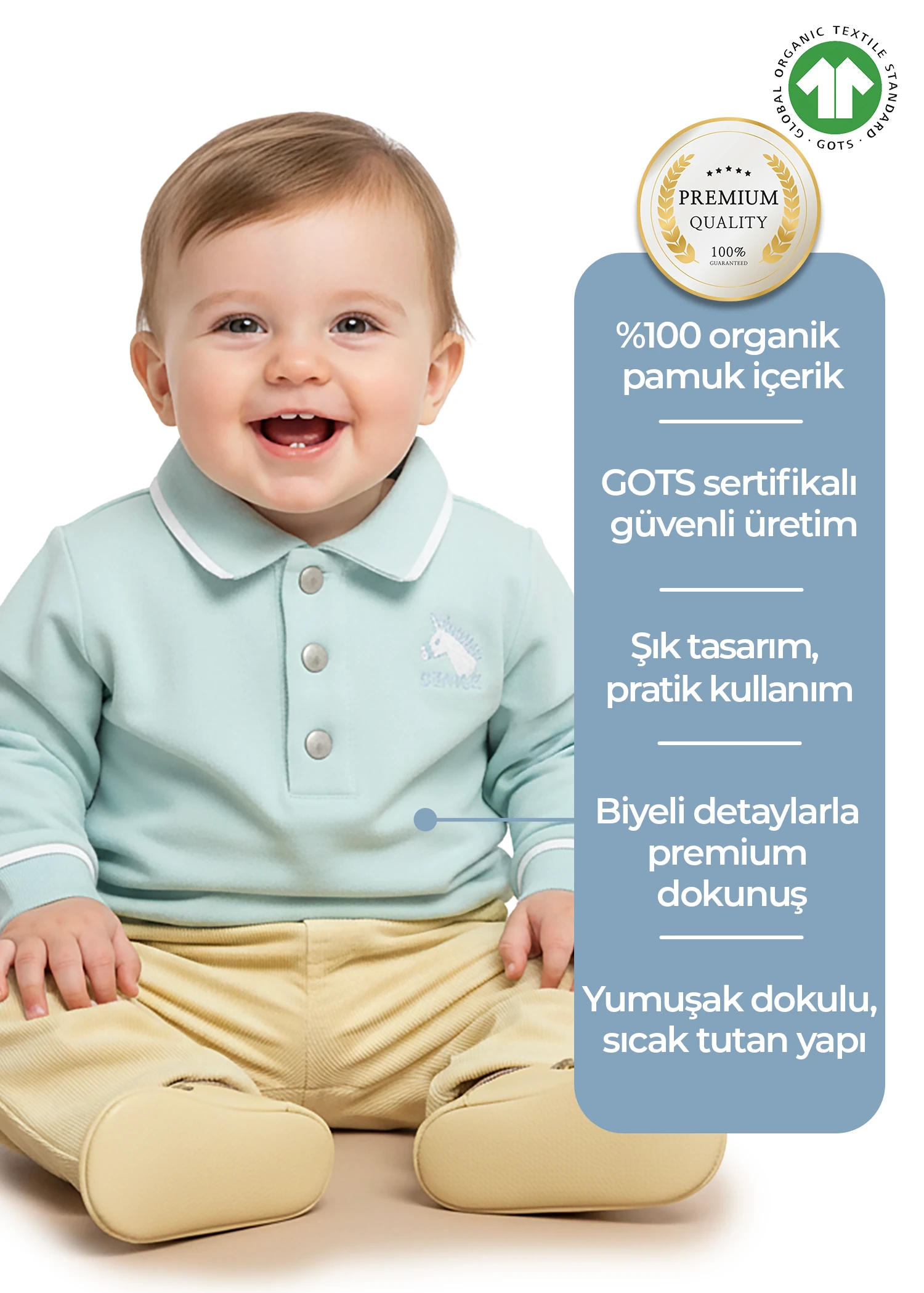 Organik Polo Yaka Mint Yeşili Kışlık Erkek Bebek Üst