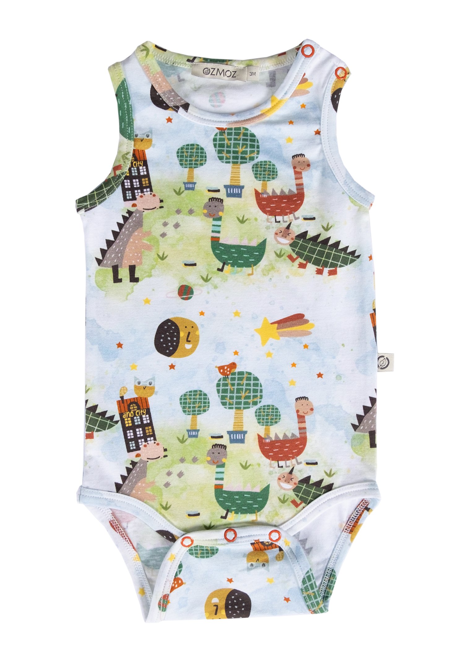 Organic Dino Printed Sleeveless Baby Bodysuit
