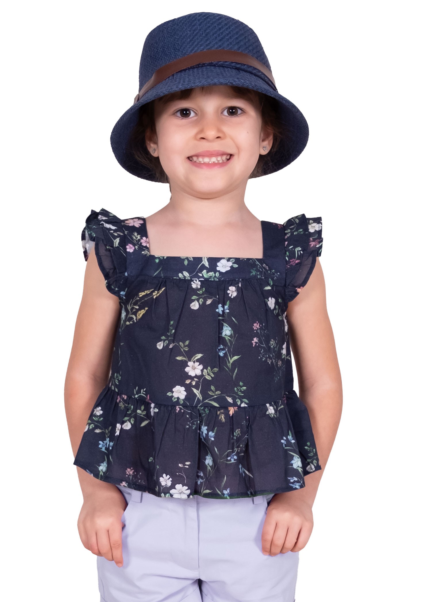 Organic Floral Ruffle Navy Blue Summer Little Girl Blouse