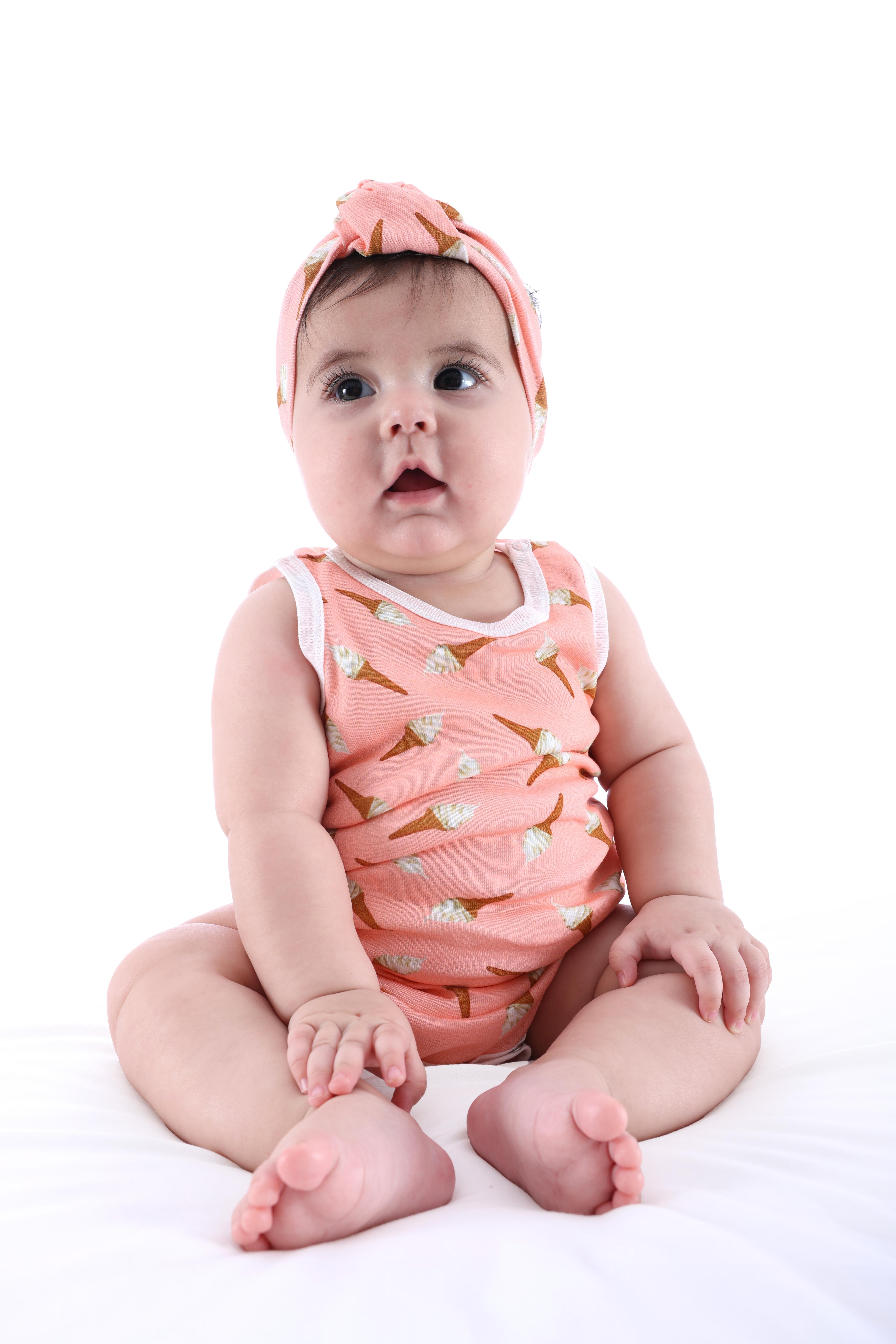 Organik Kolsuz Pembe Dondurma Baskılı Kız Bebek Body