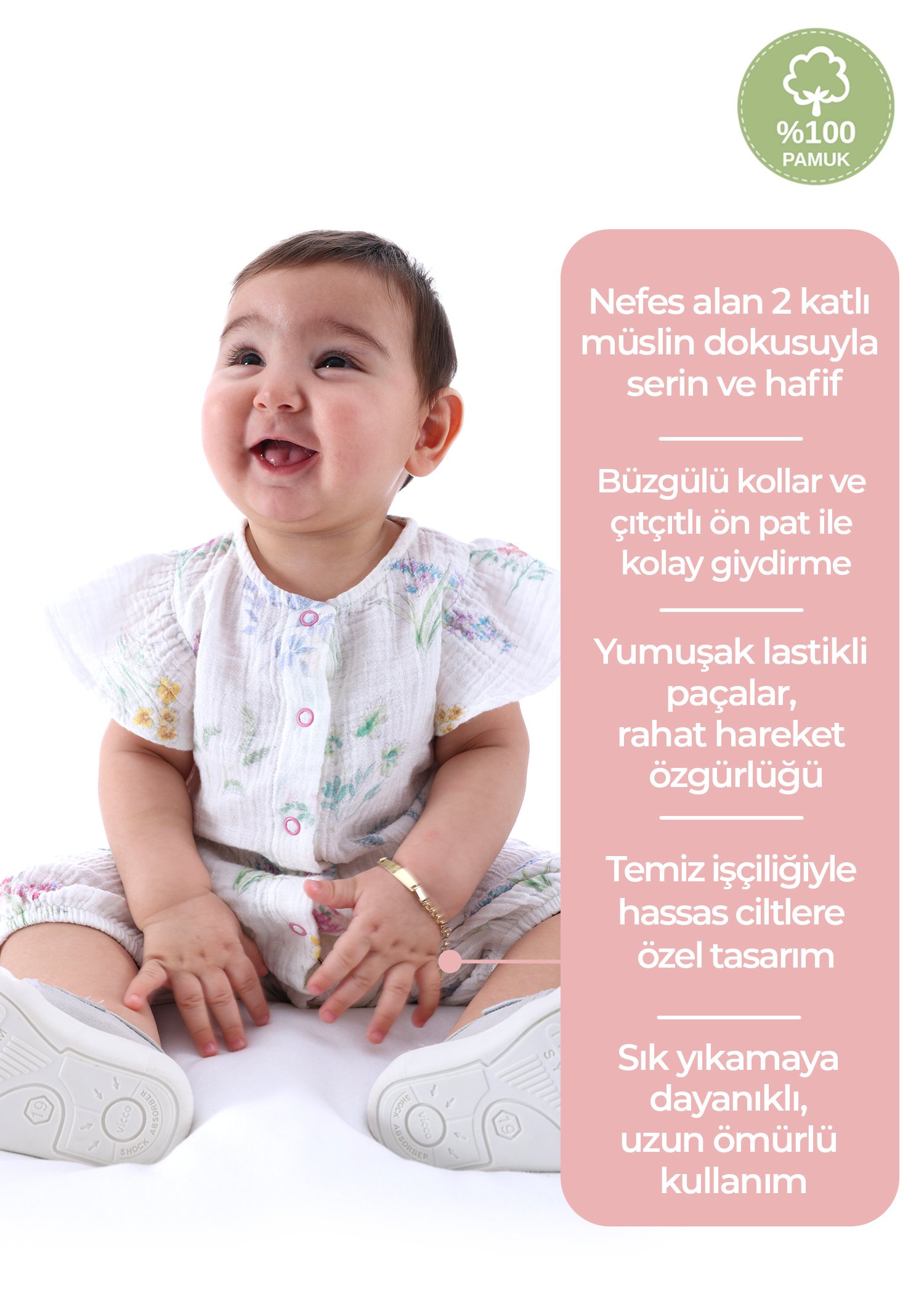 100% Pamuk Çiçek Desenli Yazlık Bebek Tulum