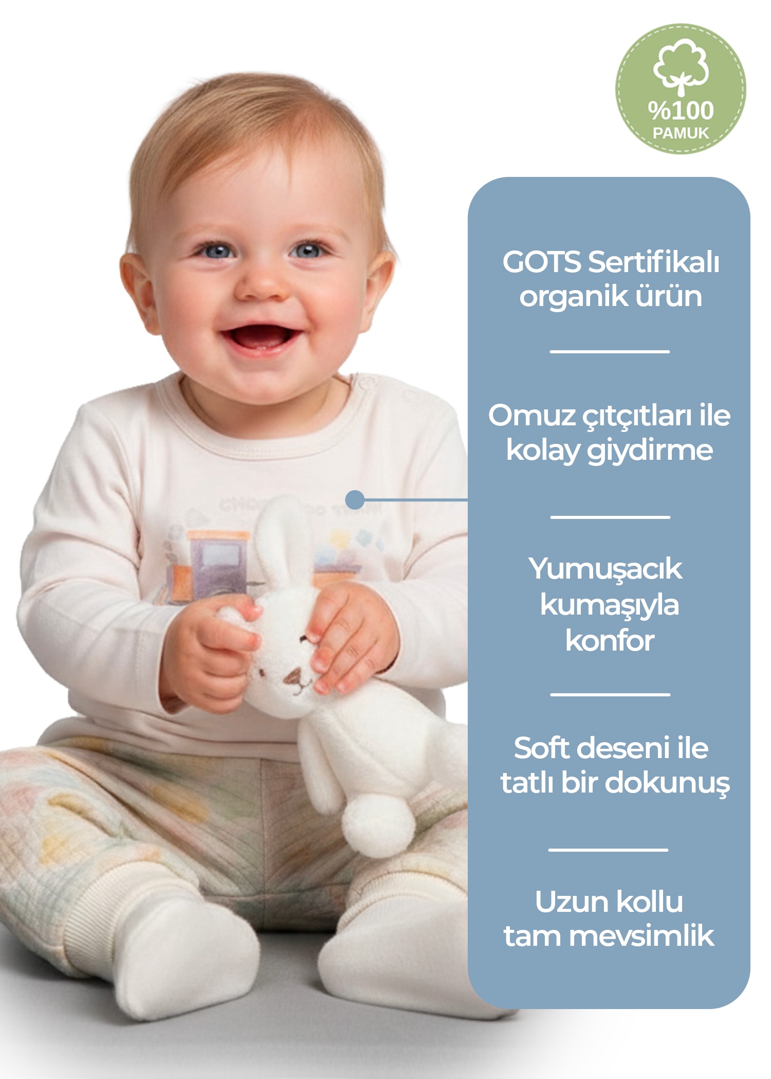 %100 Pamuk Tren Baskılı Krem Rengi Kışlık Erkek Bebek Üst