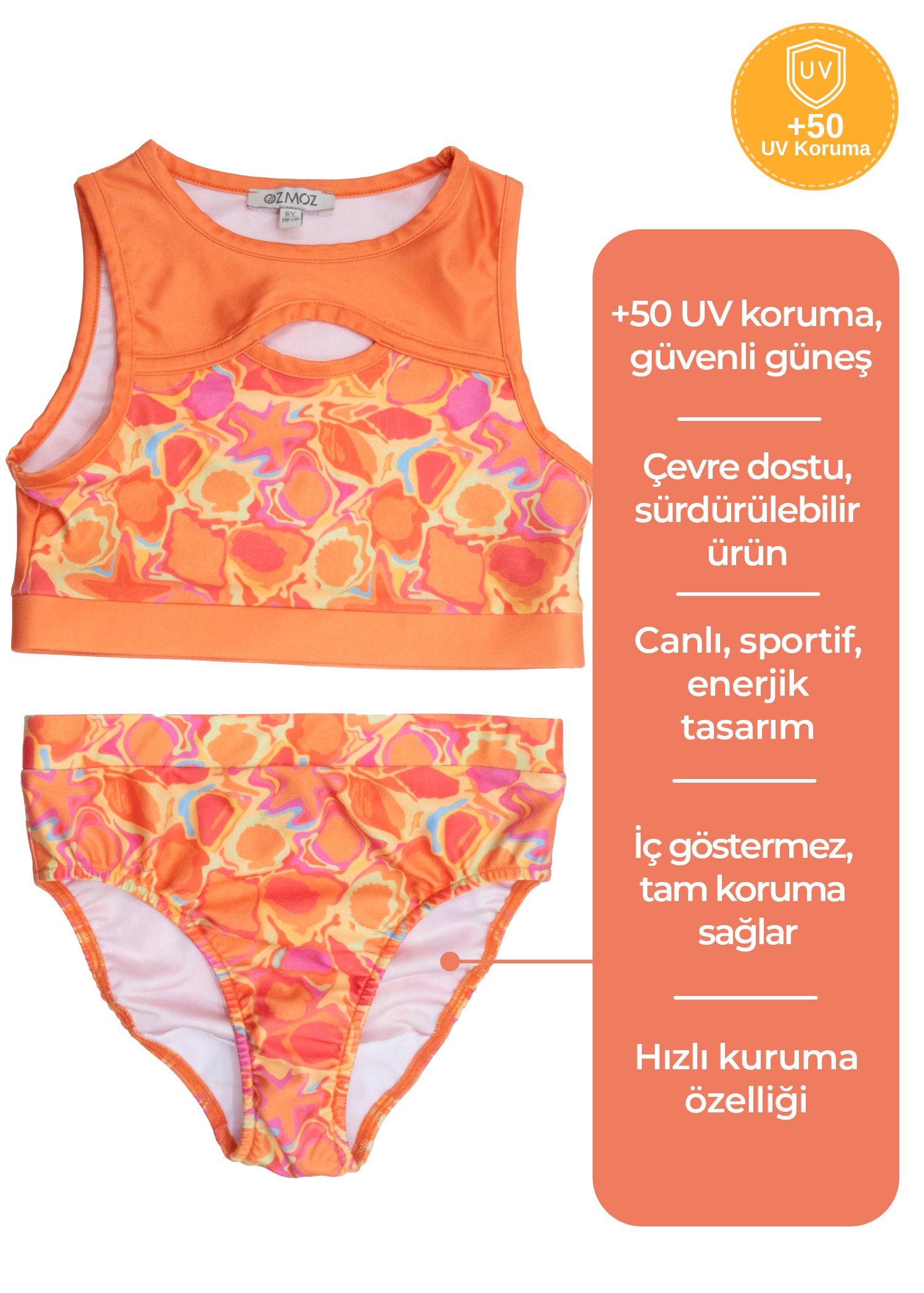 +50 UV Korumalı Turuncu Kız Çocuk Crop Bikini