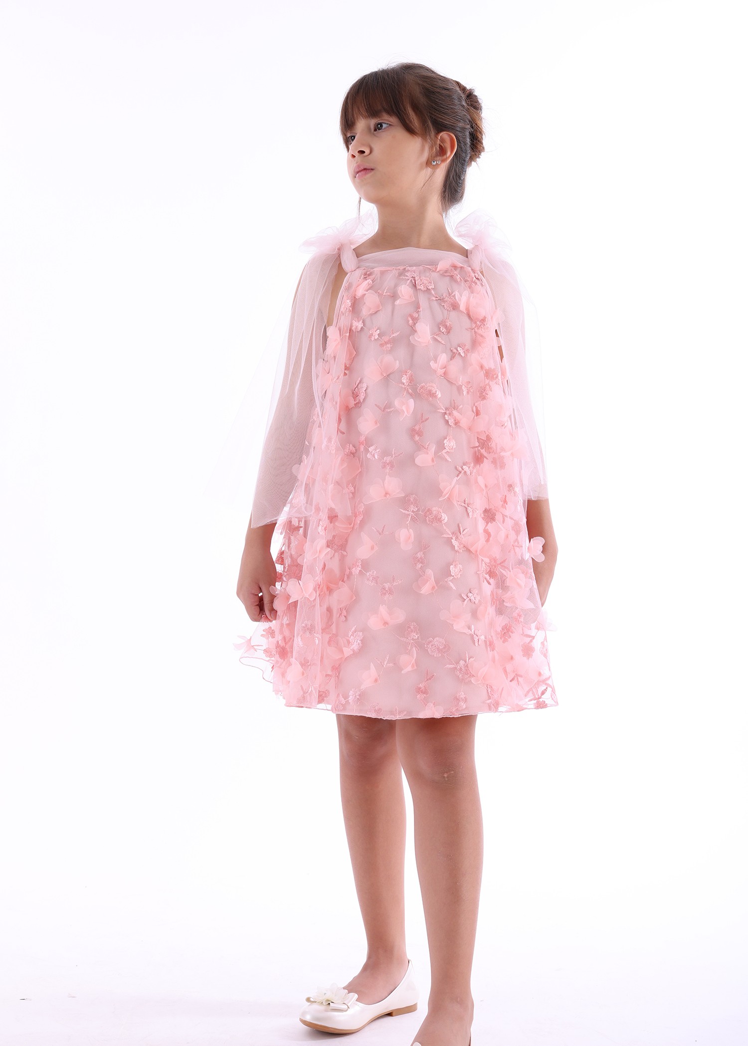 Pink Girls' Evening Dress with Tulle Sleeves and Straps