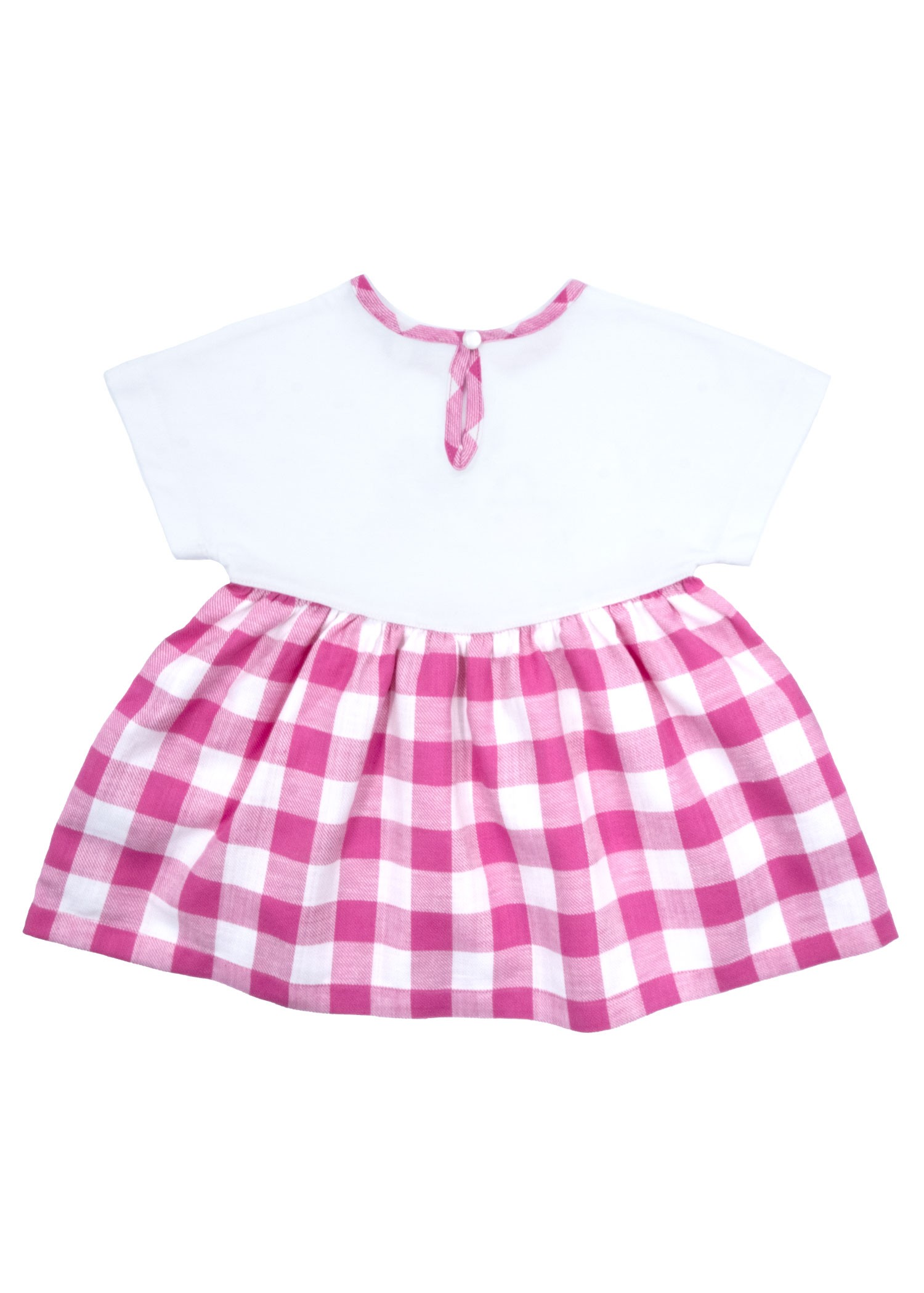 White Summer Baby Girl Dress with Short Sleeve Pink Plaid Skirt