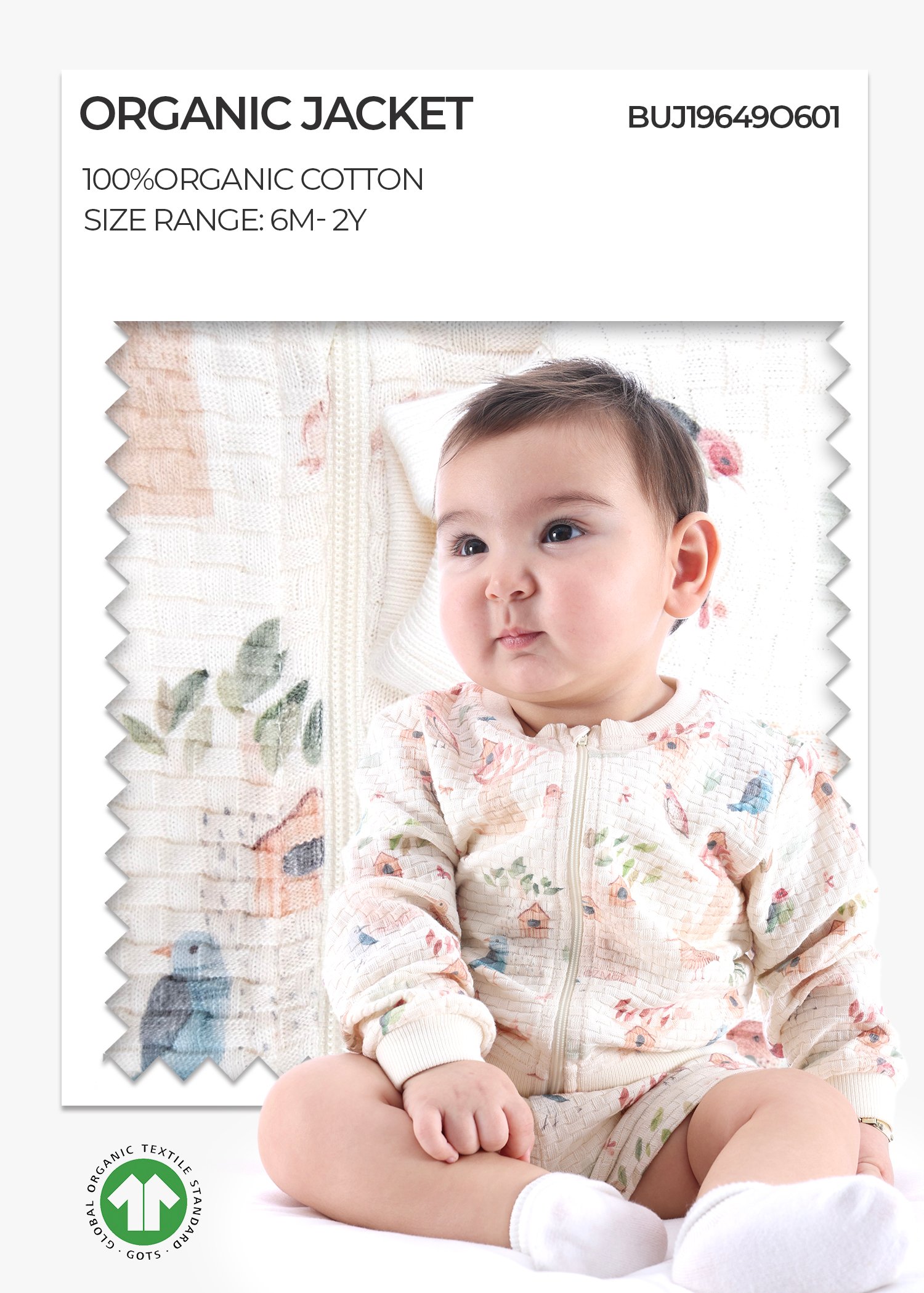 Organic Bird Patterned Zippered Spring Baby Girl Jacket