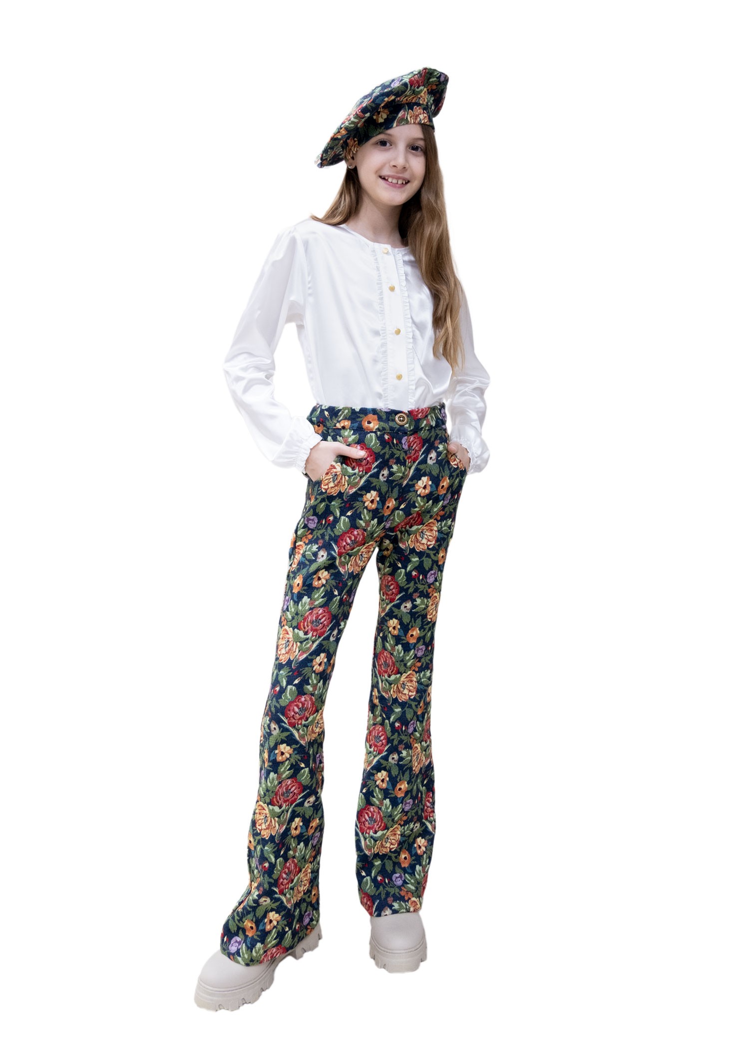 Jacquard Fabric Flower Patterned Winter Girls' Trousers