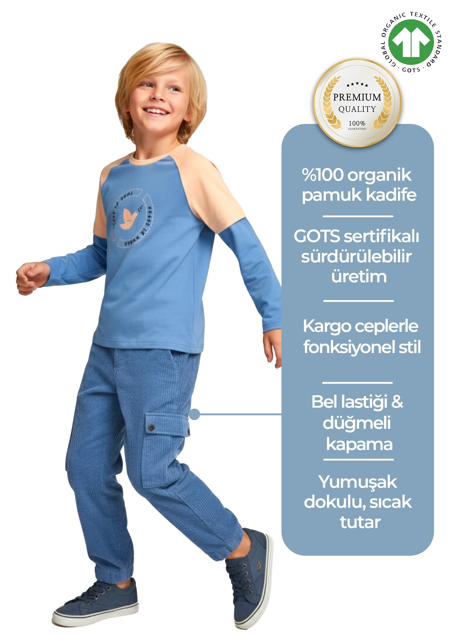 Organik Kadife Kargo Cepli Kışlık Erkek Çocuk Pantolon