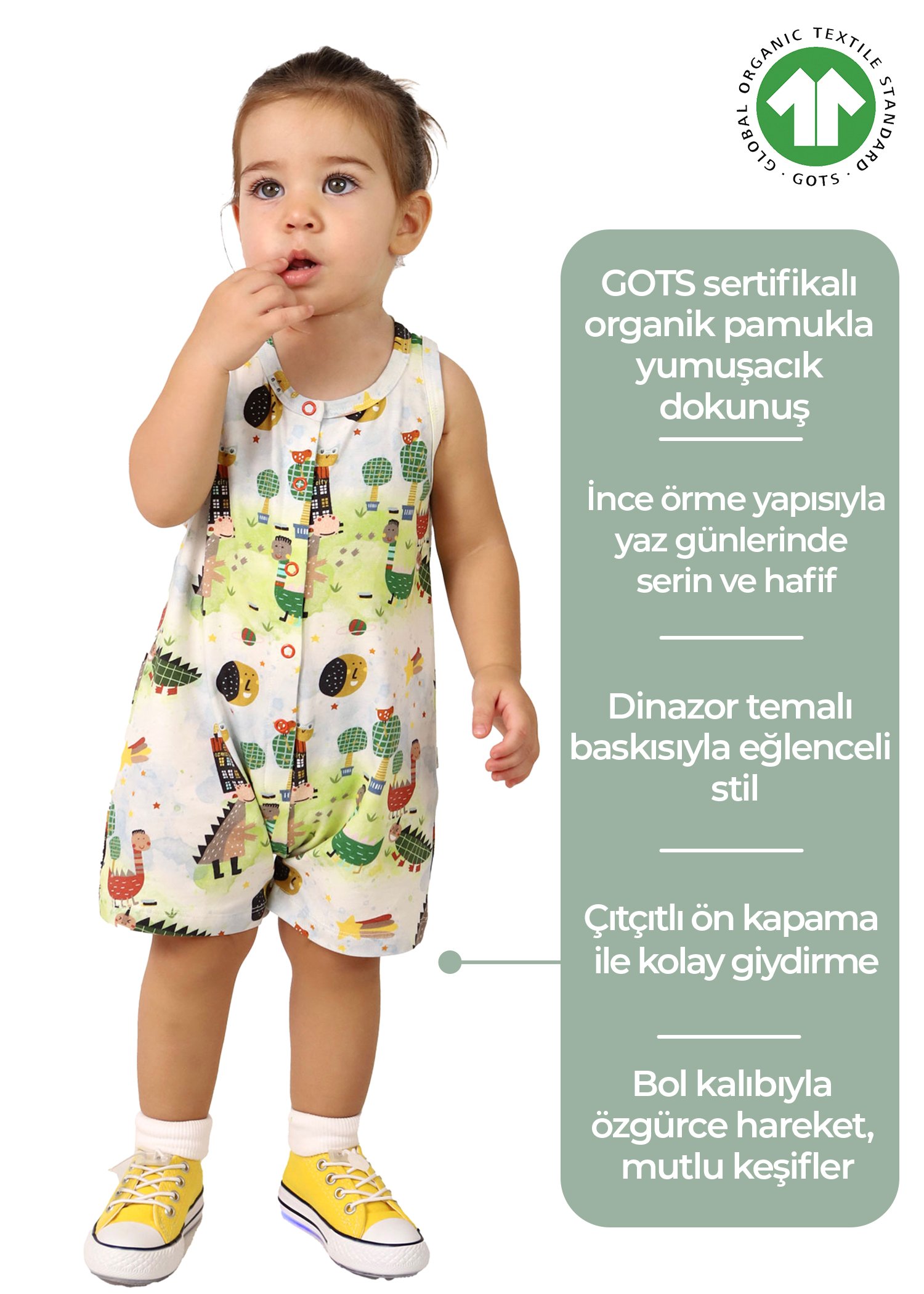 Organik Dino Baskılı Askılı Yazlık Unisex Bebek Şort Tulum