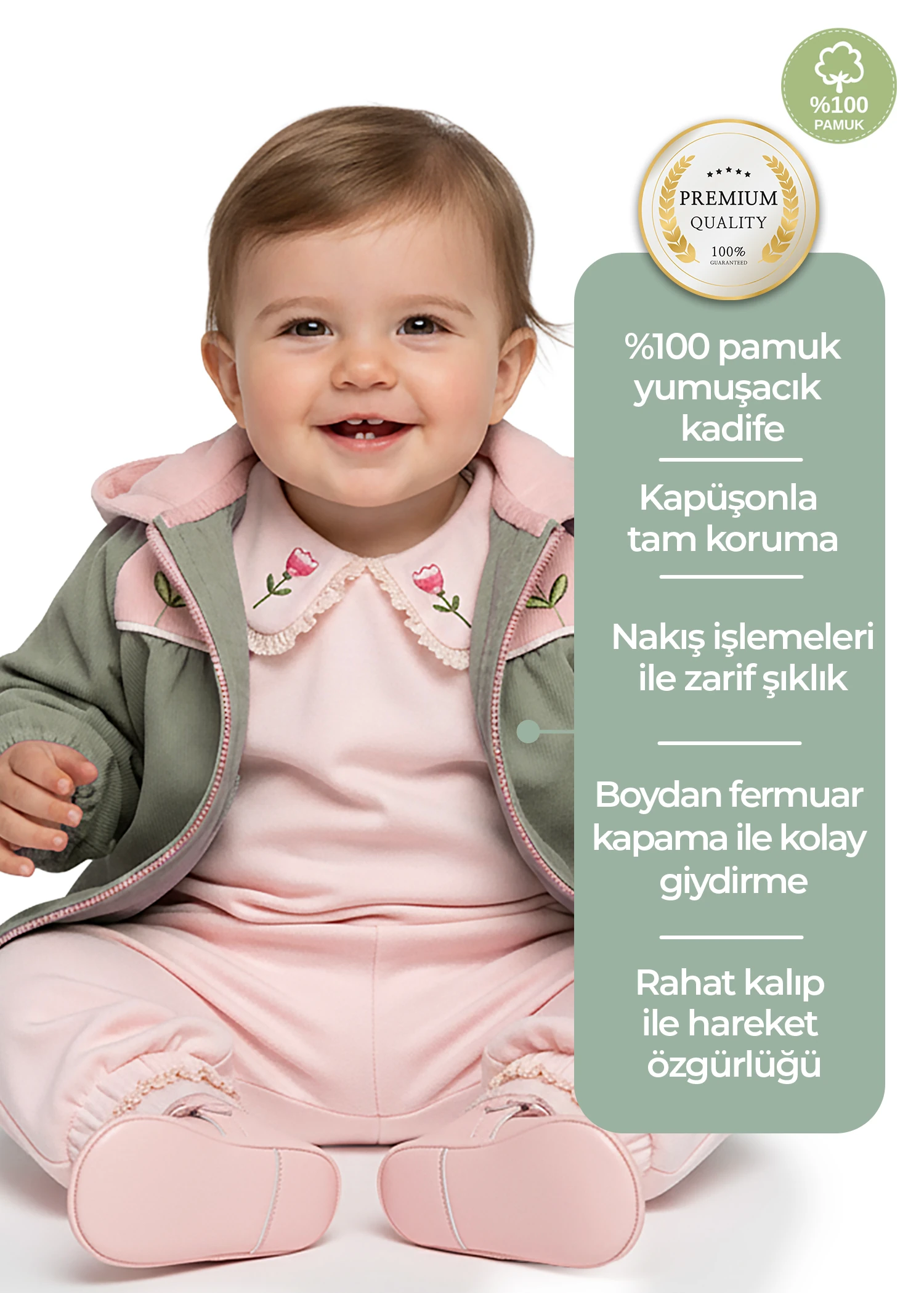 Kadife Nakışlı Kapüşonlu Yeşil Kışlık Kız Bebek Ceket