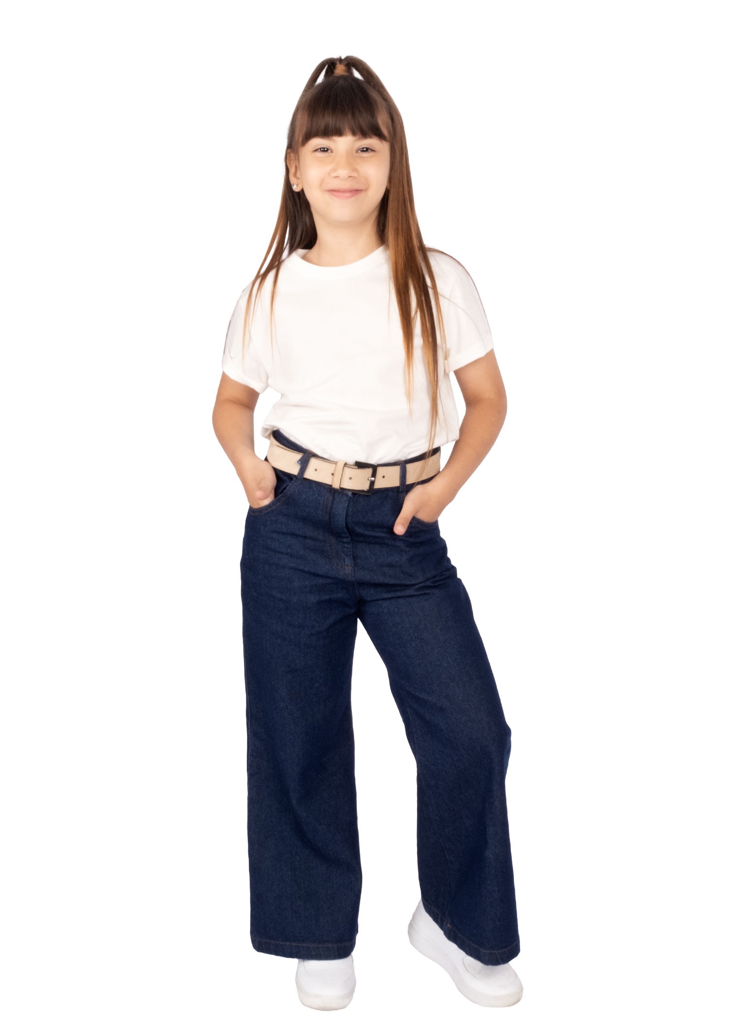 100% Cotton Wide Leg Navy Blue Girls' Denim Trousers