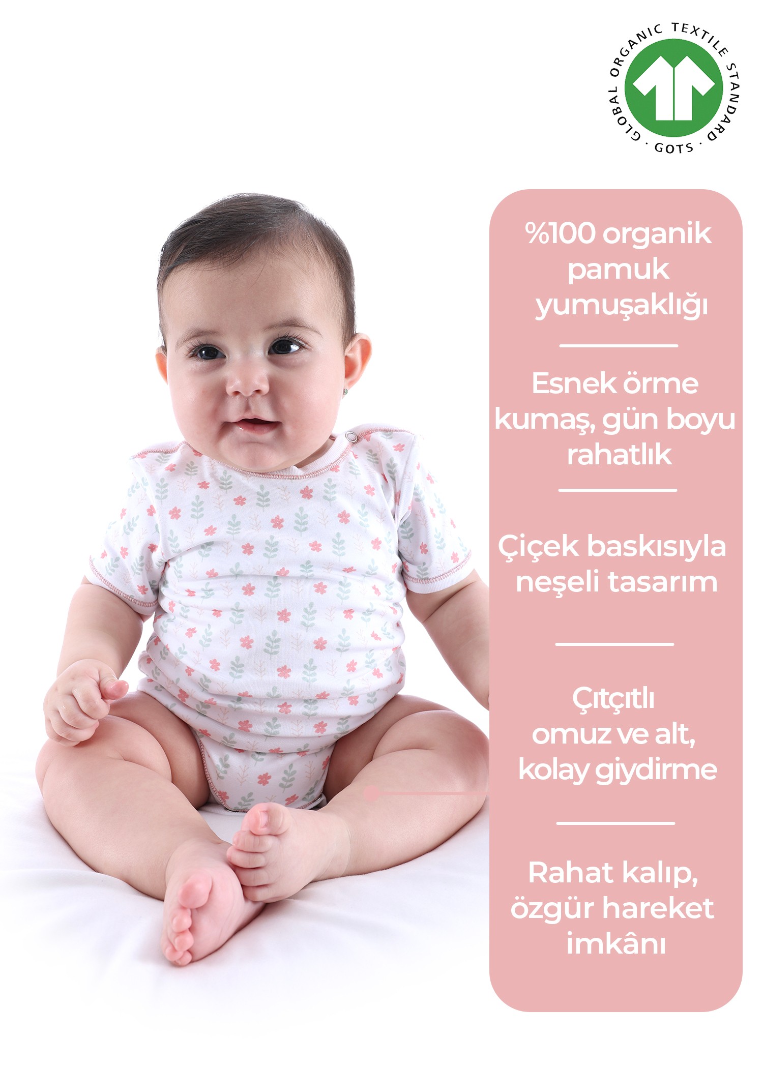 Organik Çiçekli Kısa Kollu Kız Bebek Body