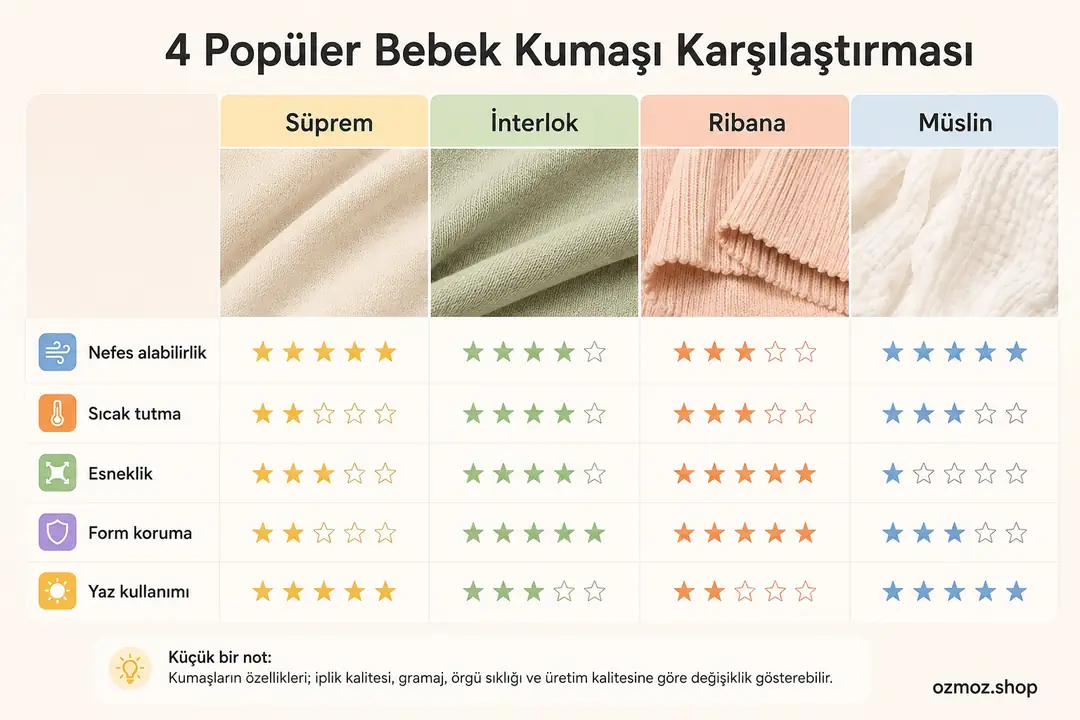 Kumaş türlerine göre genel özellikler.