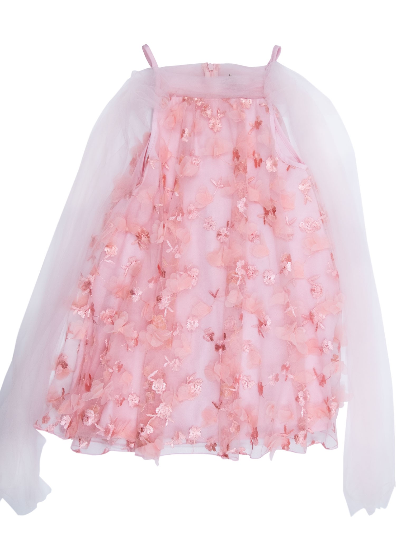 Pink Girls' Evening Dress with Tulle Sleeves and Straps