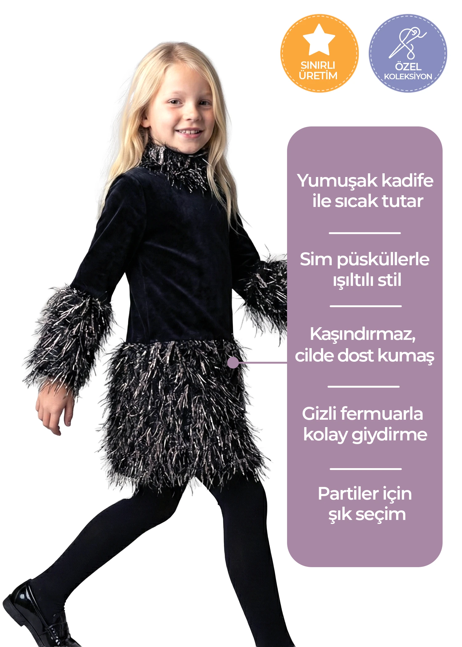 Sim Püsküllü Siyah Kadife Kışlık Kız Çocuk Abiye Parti Elbisesi