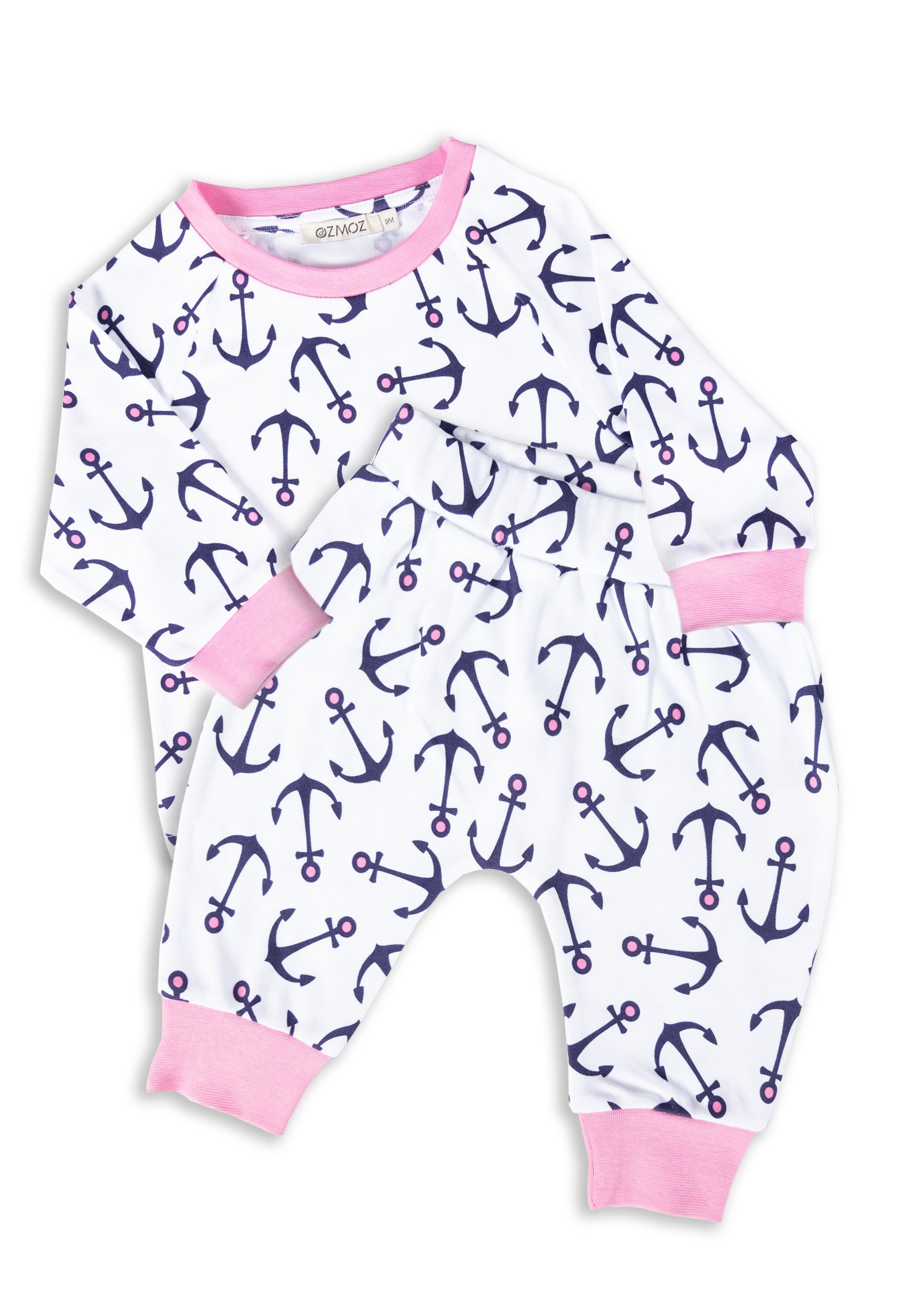 Organic Anchor Patterned Pink Spring Baby Girl Pajama Set