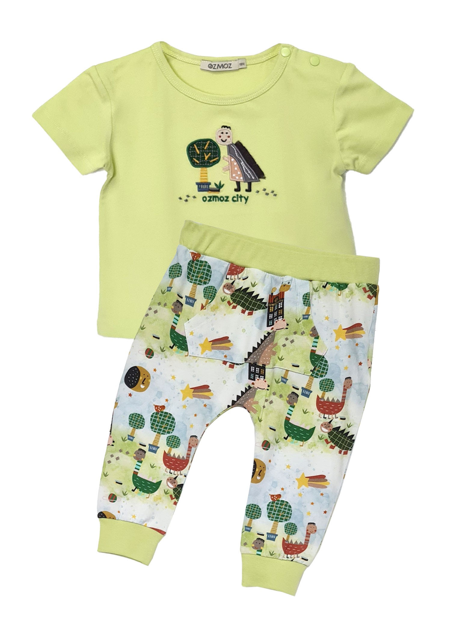 Organic Dino Embroidered Green Summer Baby Boy Suit Without Booties