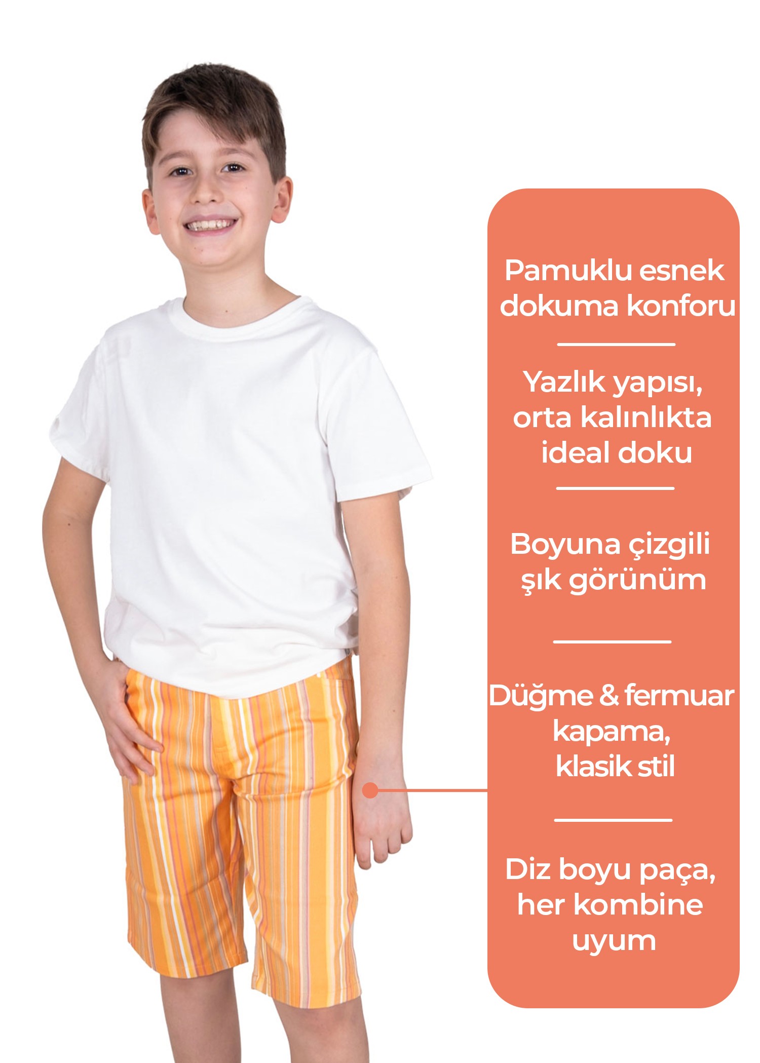 Çizgili Turuncu Yazlık Erkek Çocuk Bermuda Şort