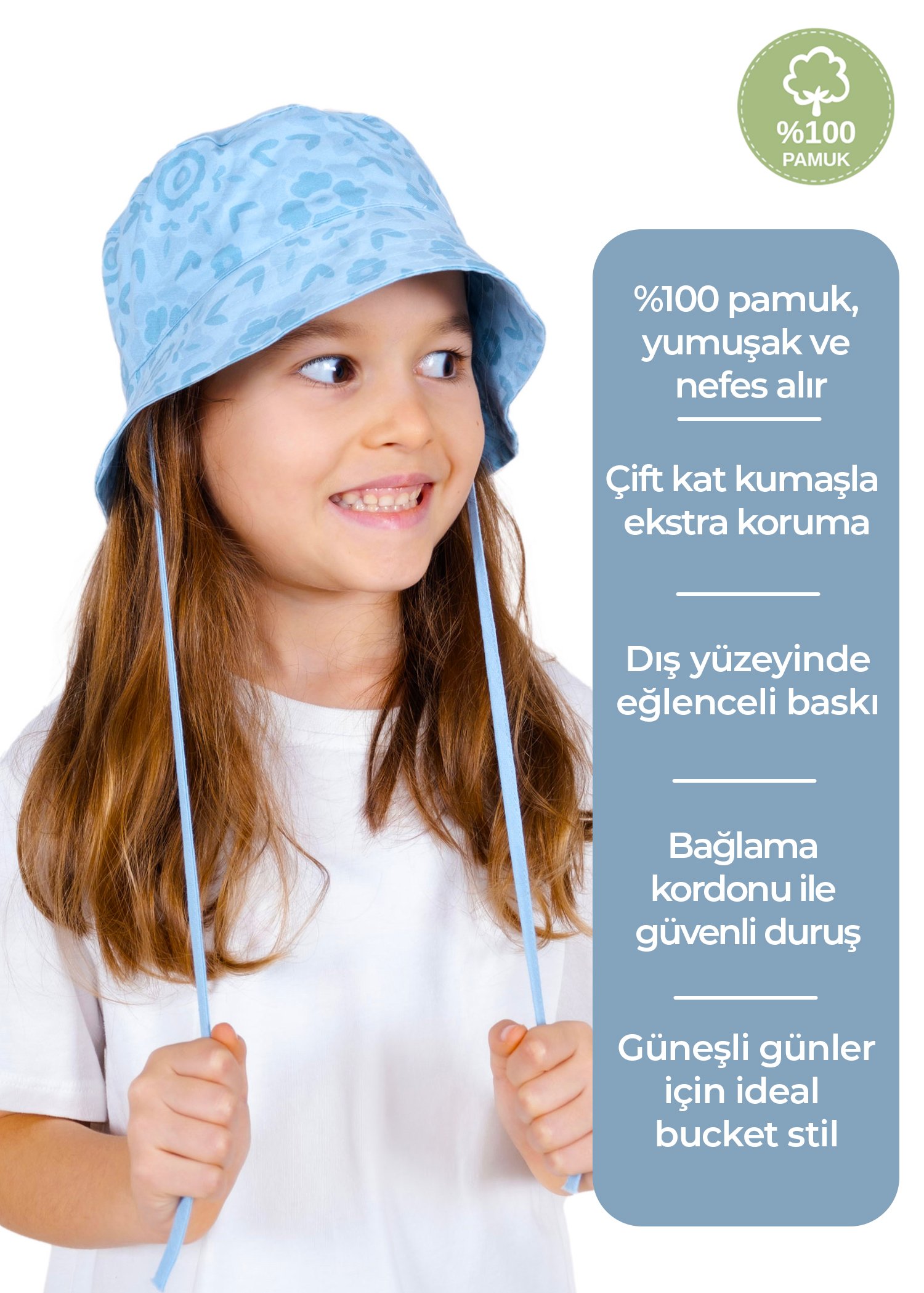 %100 Pamuk Desenli Mavi Yazlık Unisex Çocuk Bucket Şapka