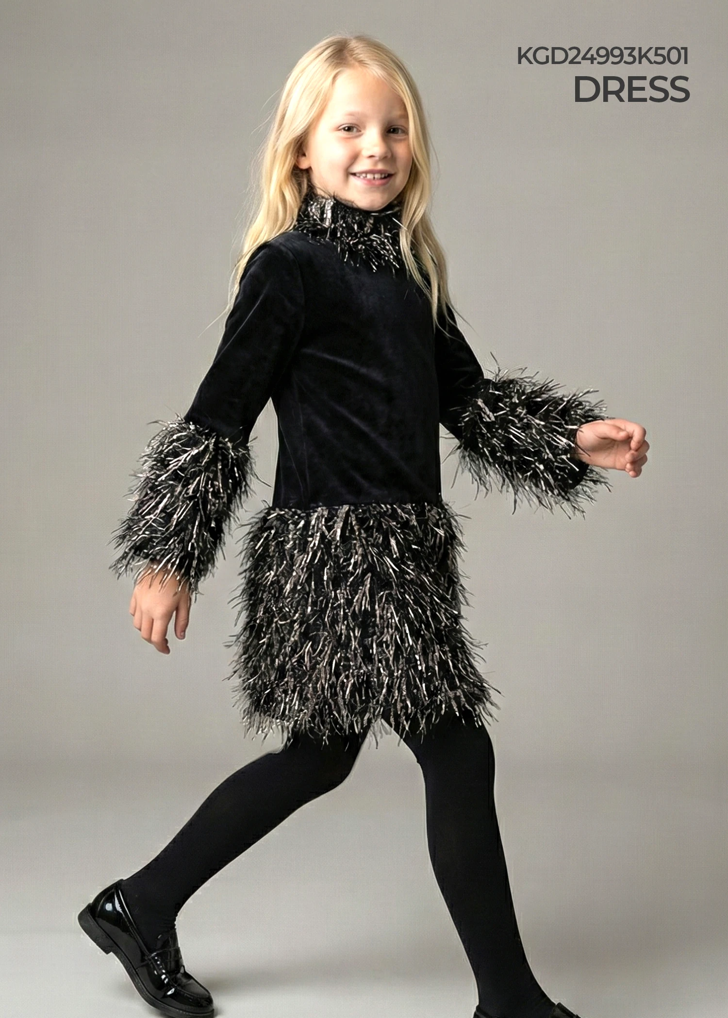 Half Neck Soft Powder Pink Velvet Girls' Dress